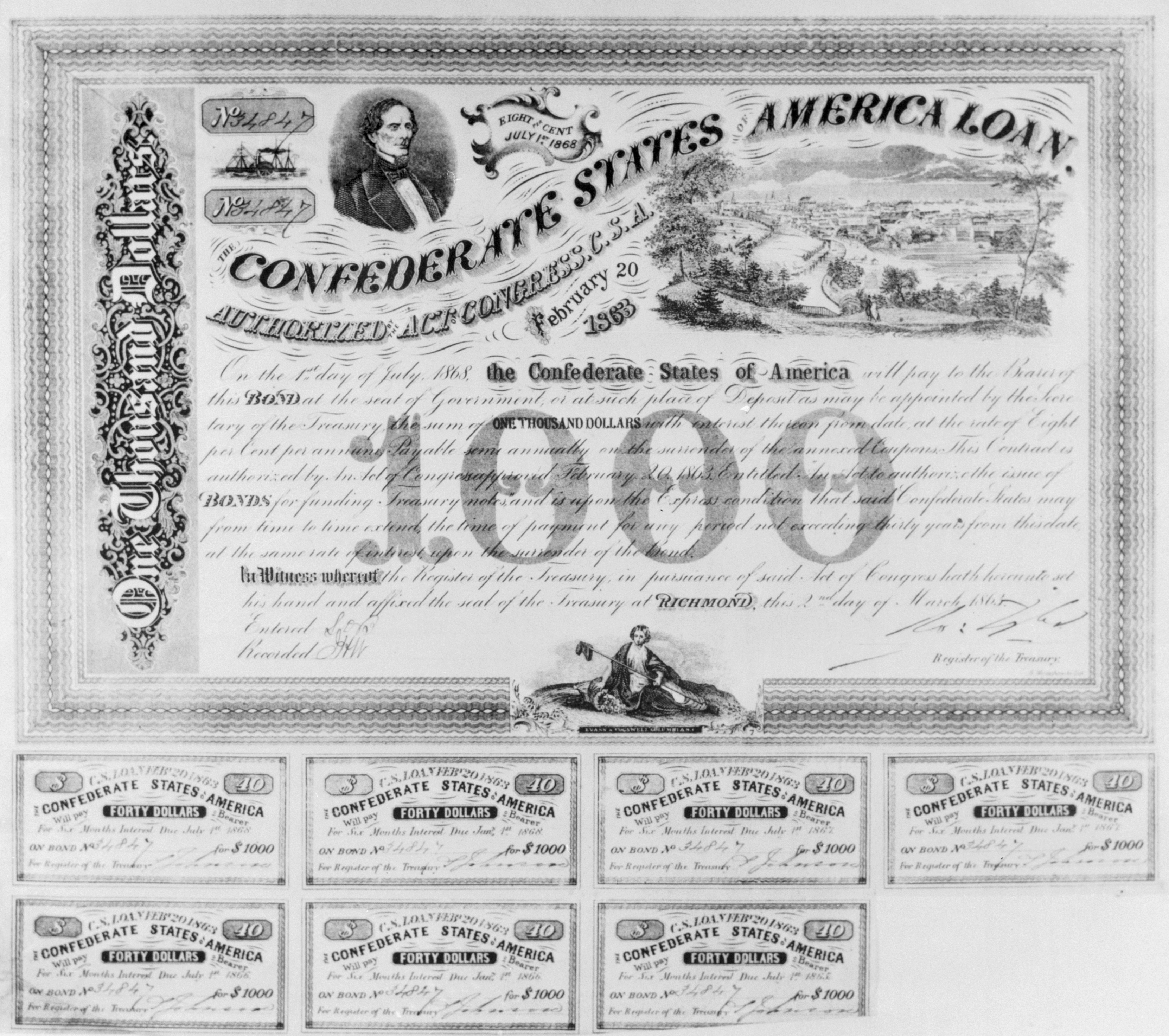 A $1,000 Confederate States of America bond issued in 1863.