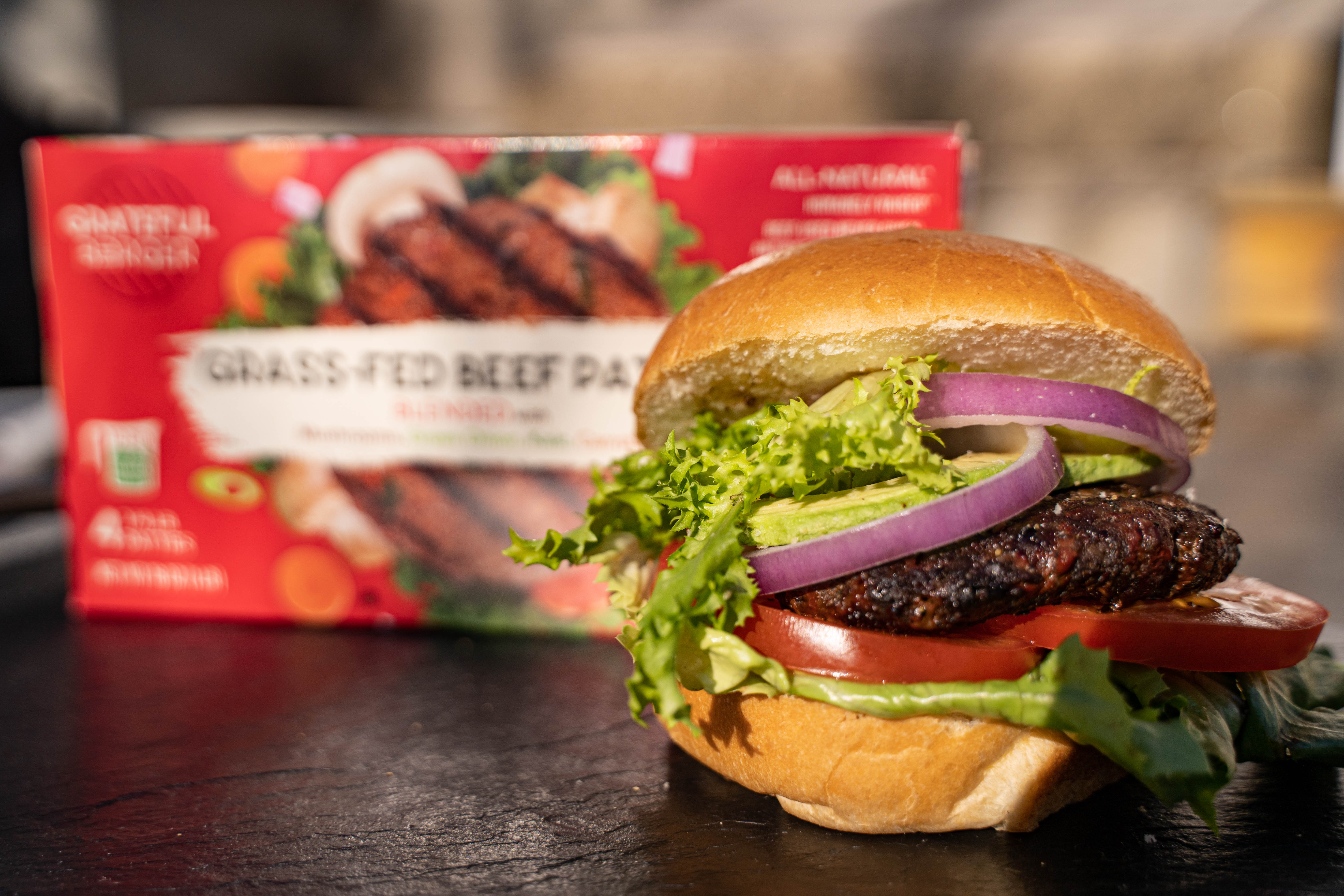 The Grateful Burger, a blended burger with meat and veggies, from a Beverly-based company.