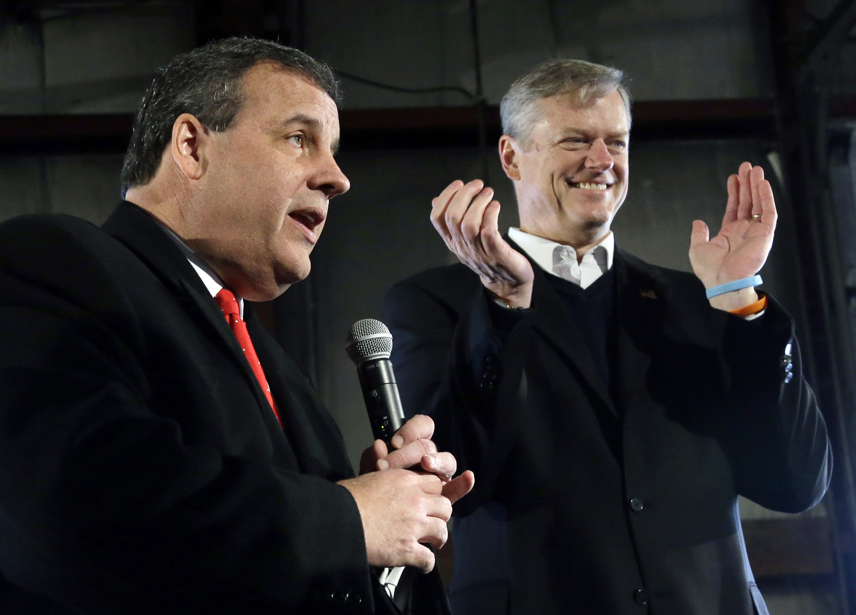 Governor Charlie Baker, right, appeared with Chris Christie in Bedford, N.H., Feb. 6.