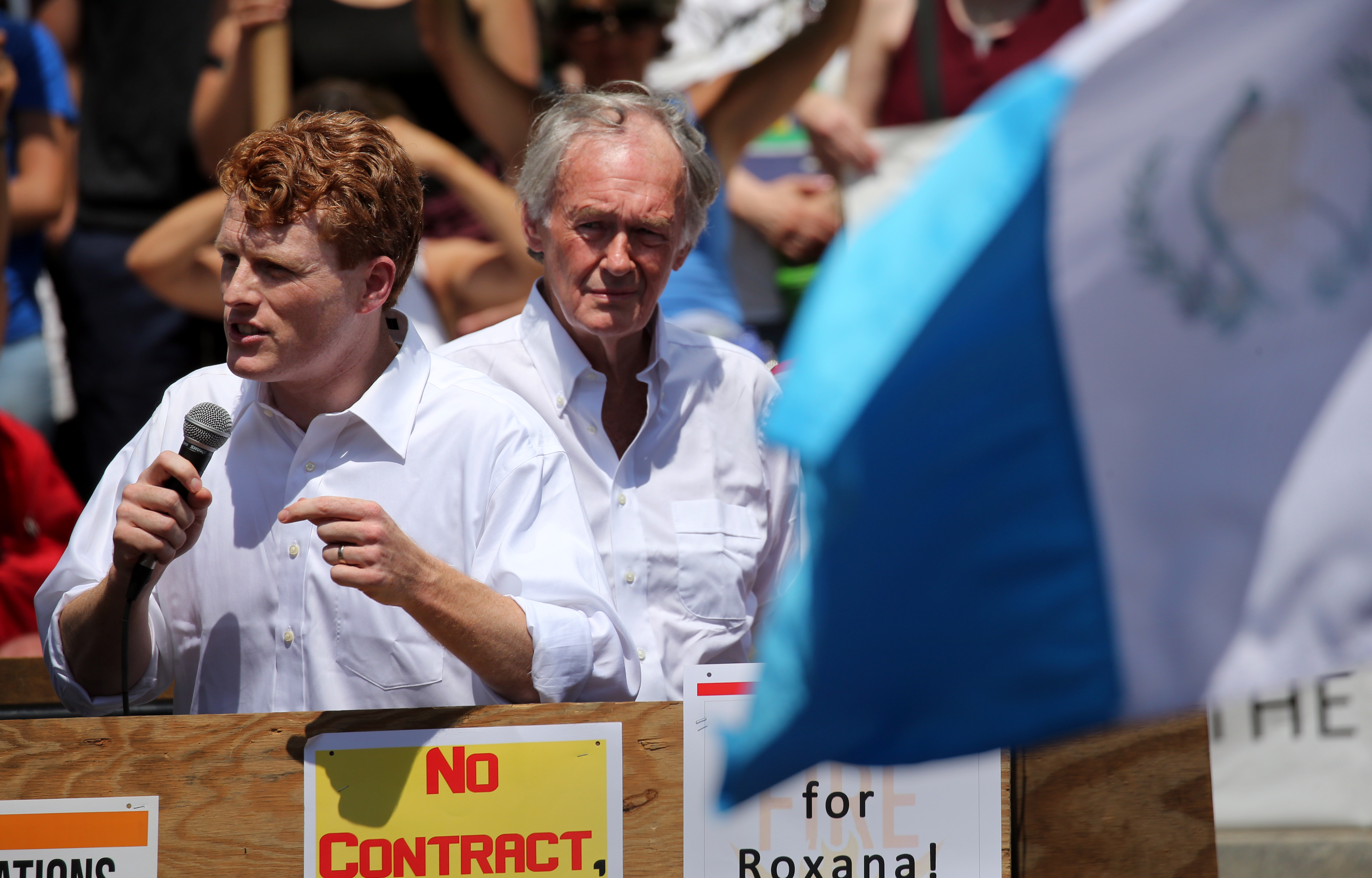 US Representative Joseph P. Kennedy III and US Senator Edward Markey addressed the demonstrators on Saturday.