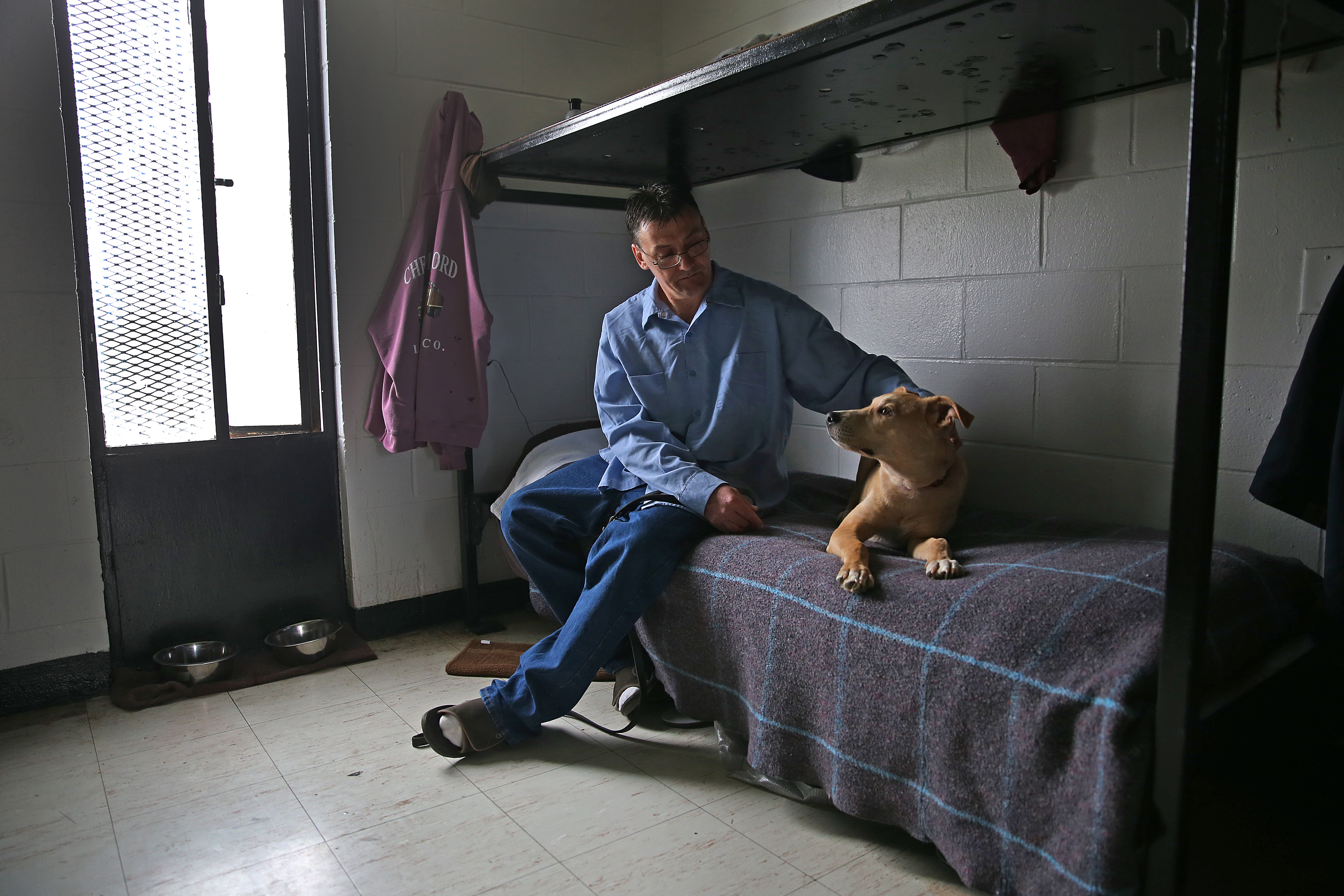 Bobby, an inmate at the Worcester County Jail & House of Correction, shared space on his bunk with Gabe, a shelter dog.
