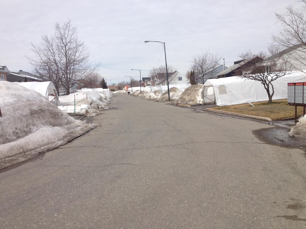 The street where Patrice Bergeron grew up, which was still filled with mounds of snow in early April.