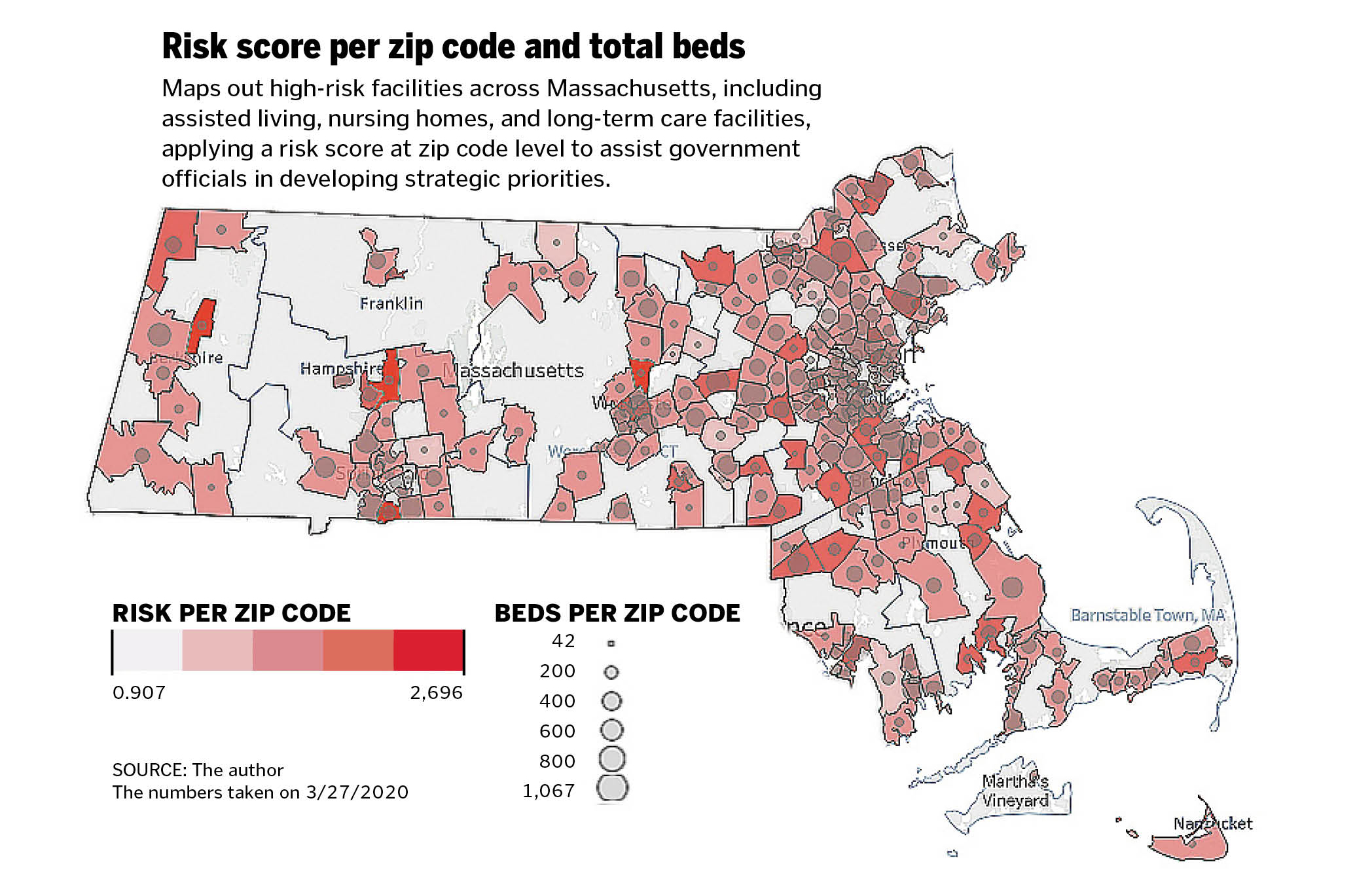 Maps out high-risk facilities across Massachusetts including assisted living, nursing homes, and long-term care facilities; applying a risk score at zip code level to assist government officials in developing strategic priorities.