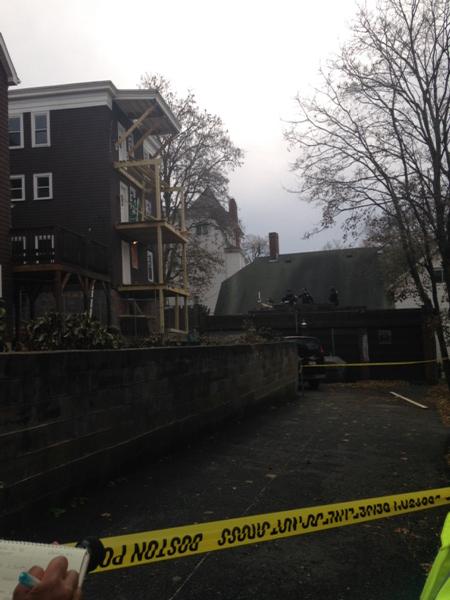 The scene of a porch collapse in Jamaica Plain.