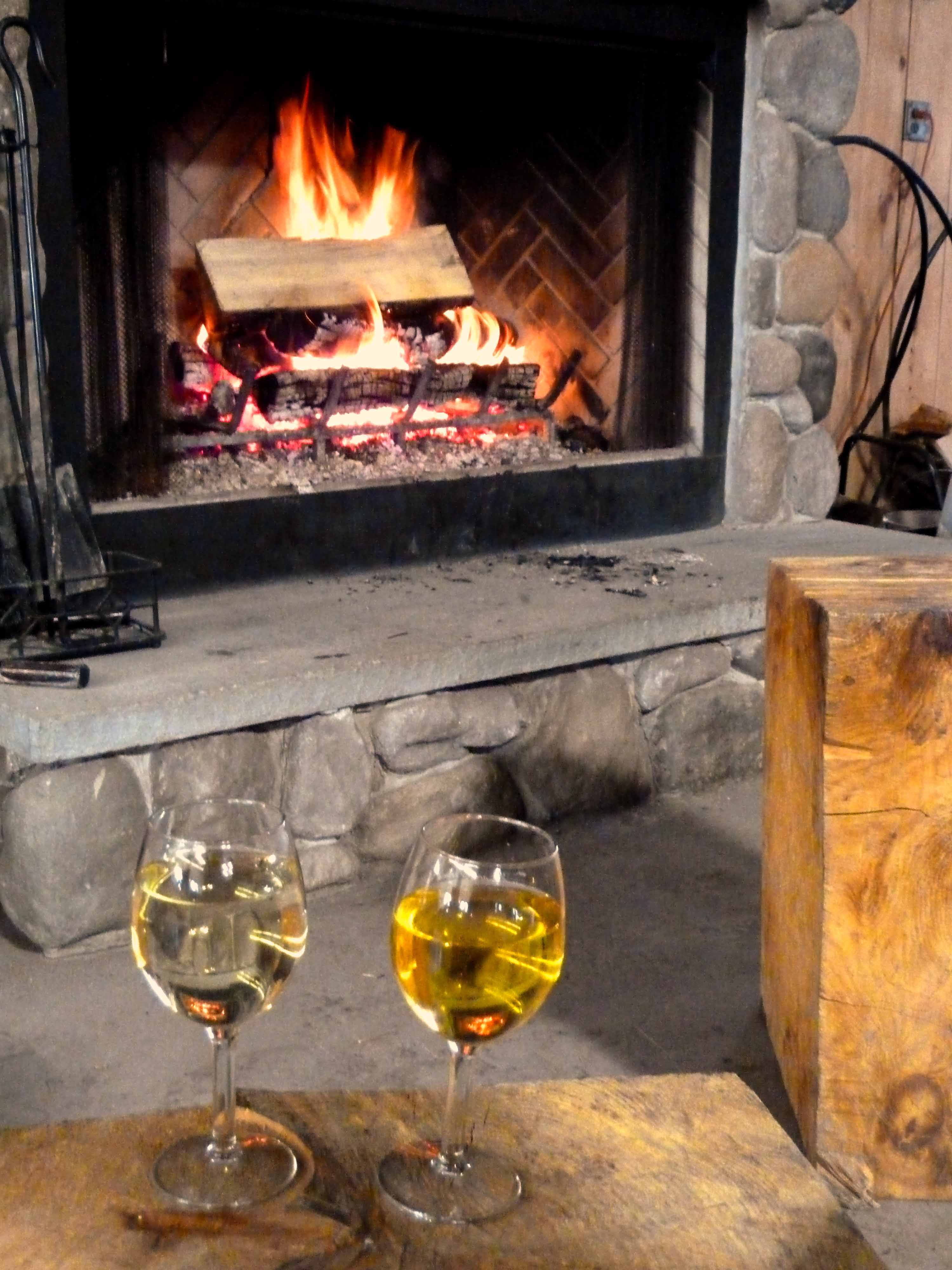 The stone fireplace at the Hilltop Nordic Center was a great spot to enjoy a glass of wine from Furnace Brook Winery.