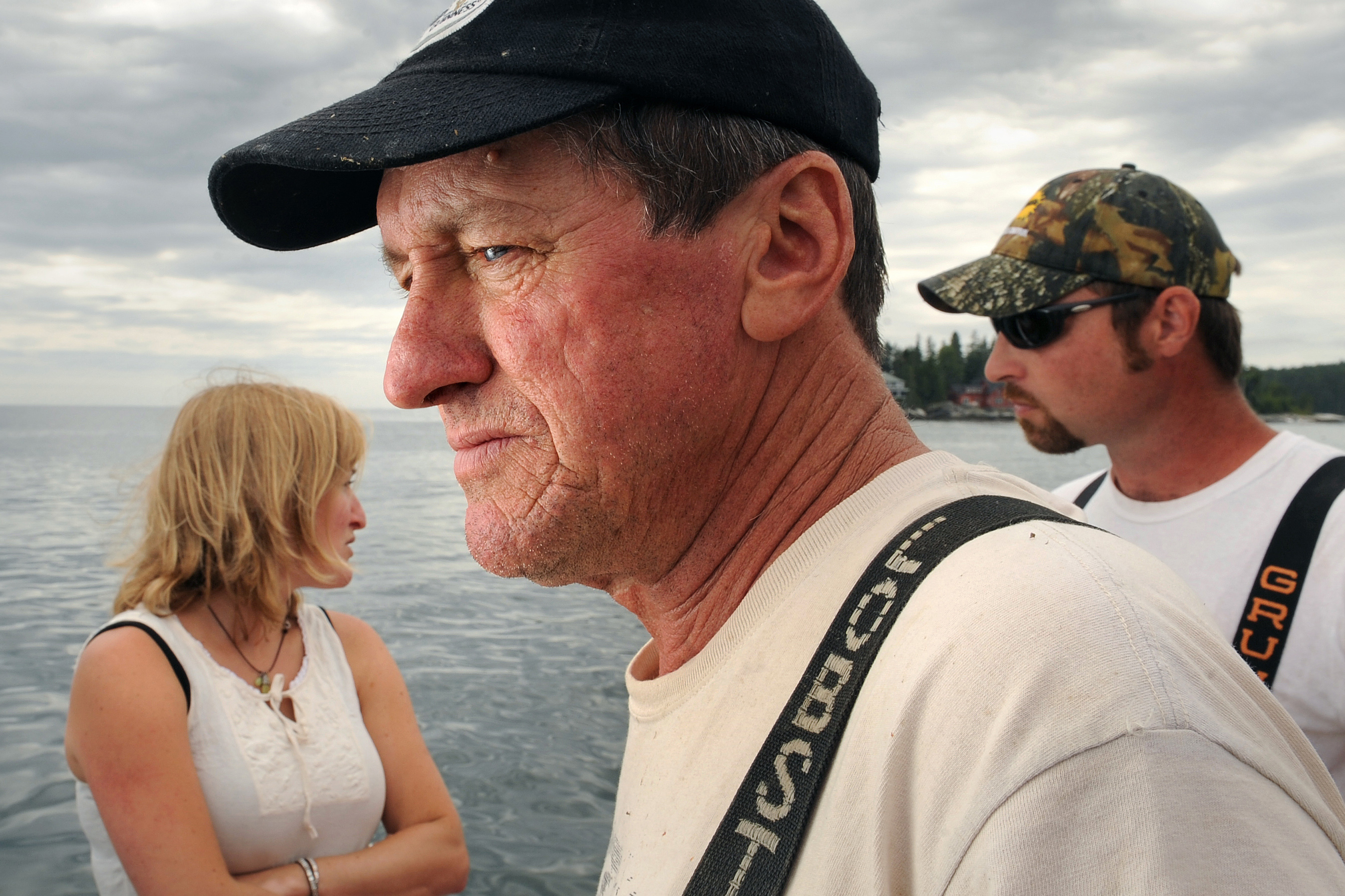 Jim McMahan of Georgetown, Maine, says he’s not yet concerned about sea bass that are often in his lobster traps. His daughter, Marissa (left), is researching sea bass for her dissertation. At right was sternman Chris Jamison.