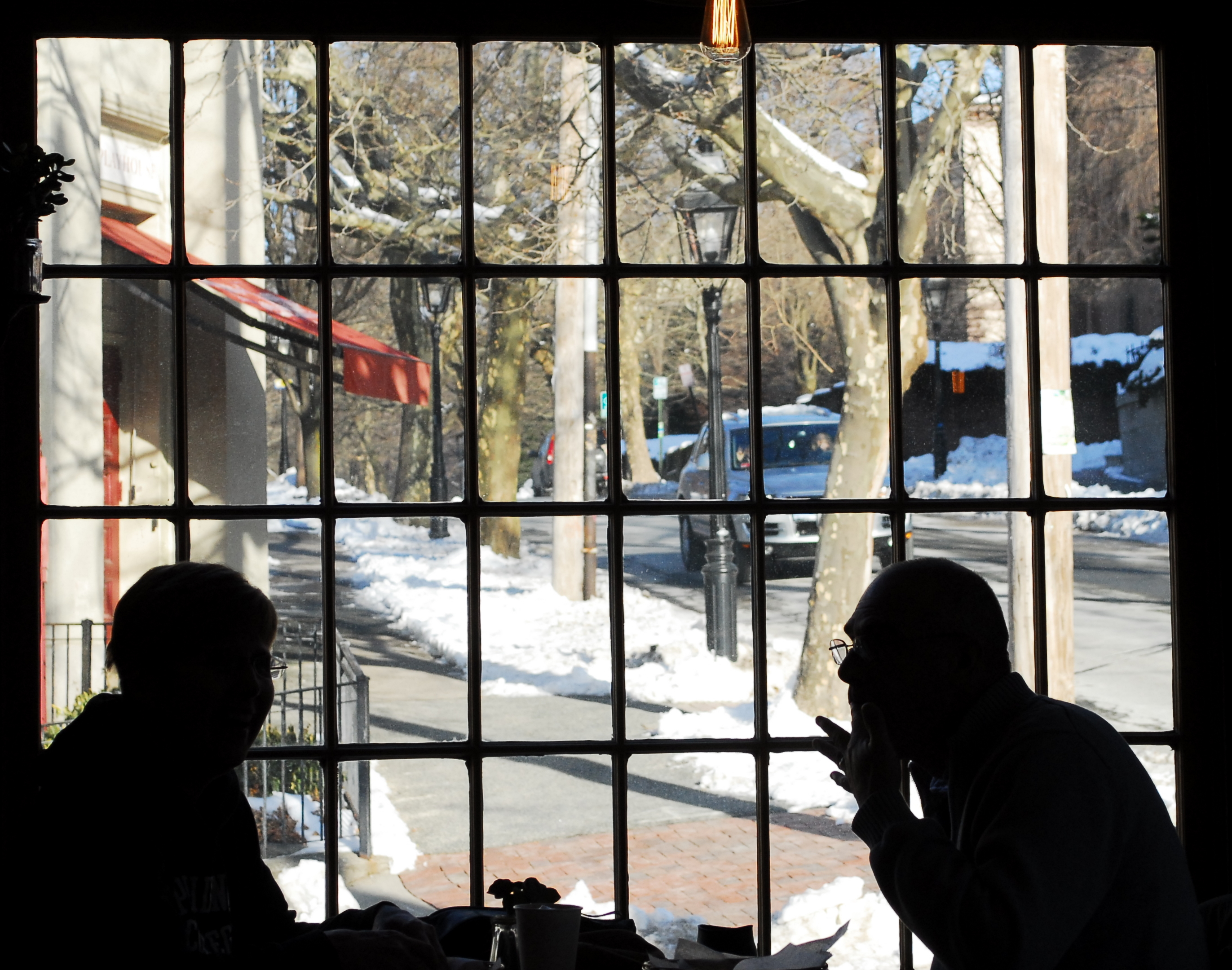 The window of Benefit Juice Bar & Cafe on East Side of Providence, overlooking Benefit Street.