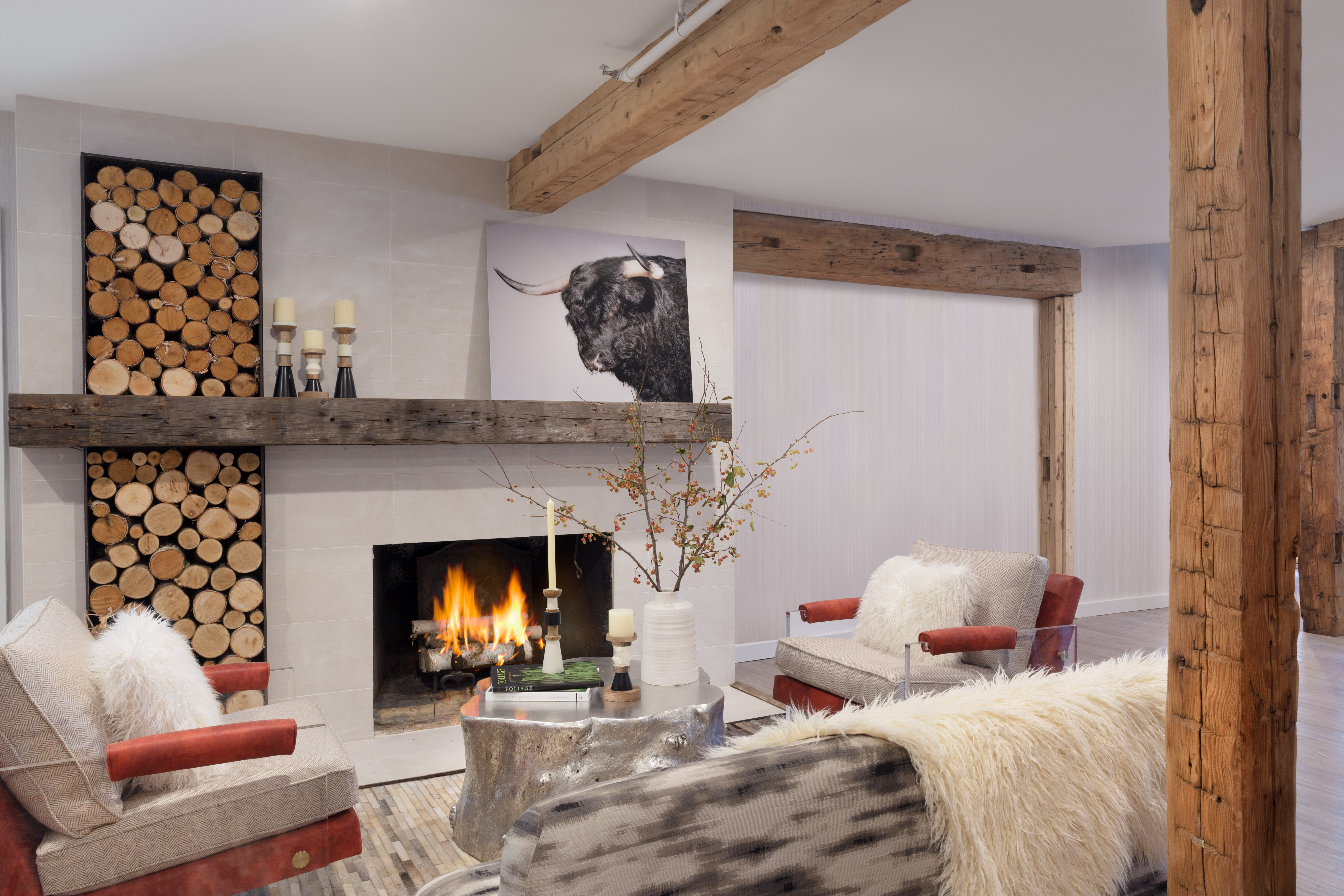 The fireplace in the Field Guide lounge.