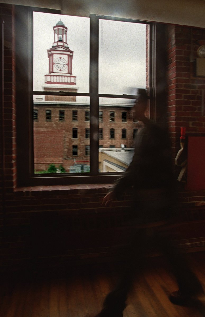 A view of the steeple at Clock Tower Place, which has gone from a woolen mill to a high tech headquarters to an office complex.