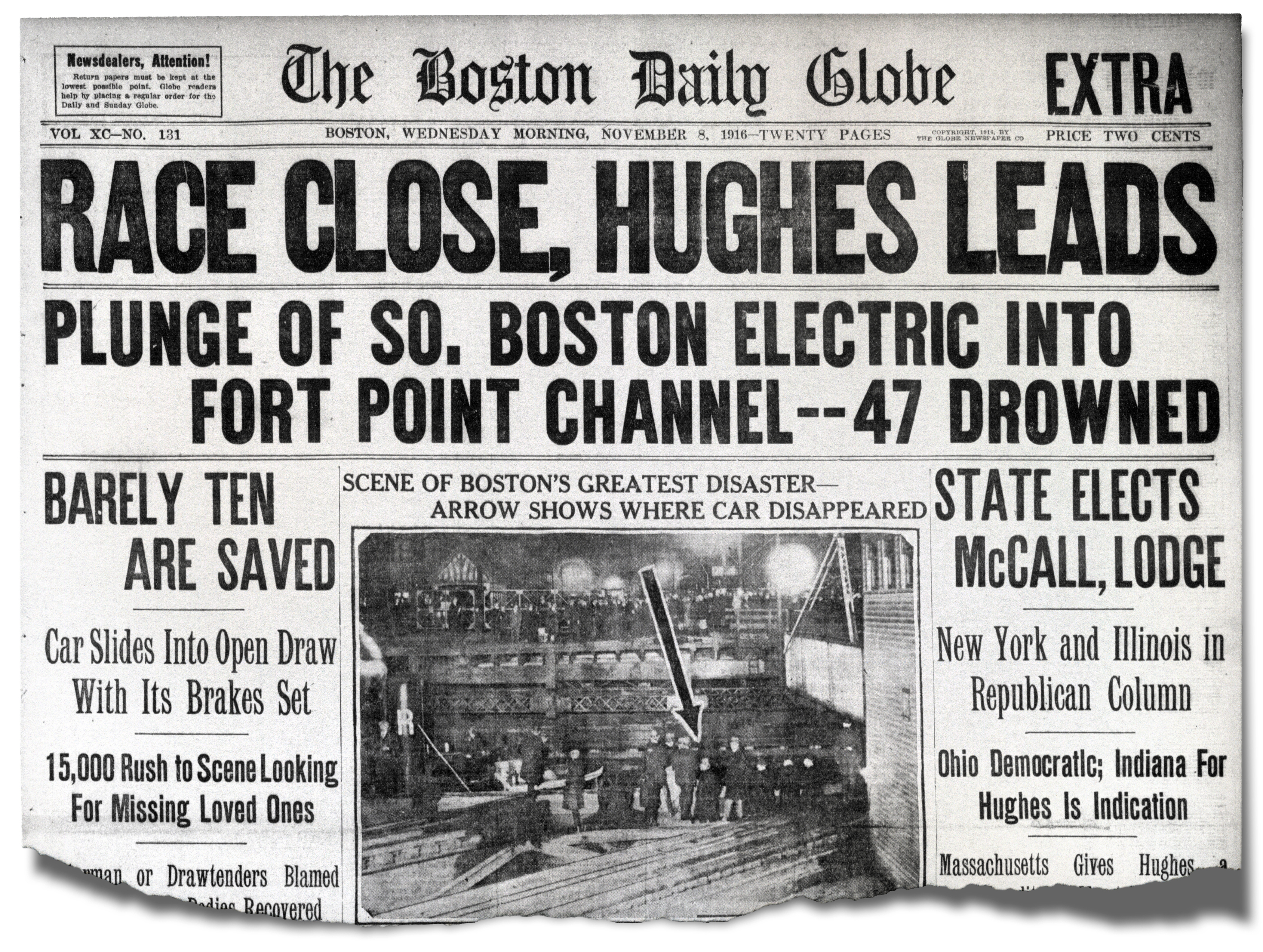 The disaster shared Page 1 space with the election results in the Globe. The death toll was later revised to 46.