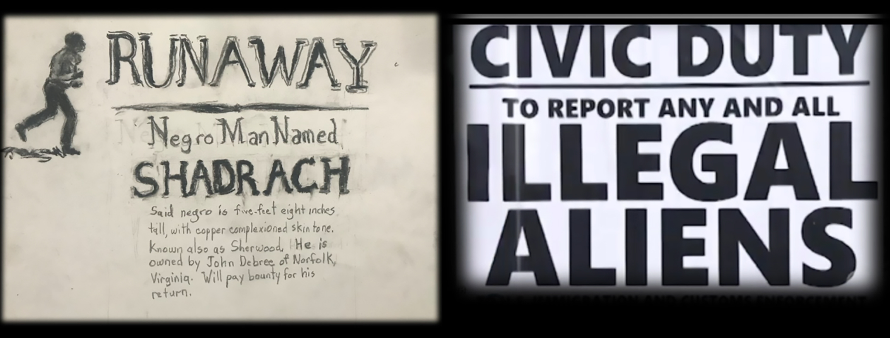 Charles Suggs's split-screen video “Shadrach” revolves around Shadrach Minkins, a Black man who escaped slavery and settled in Boston.