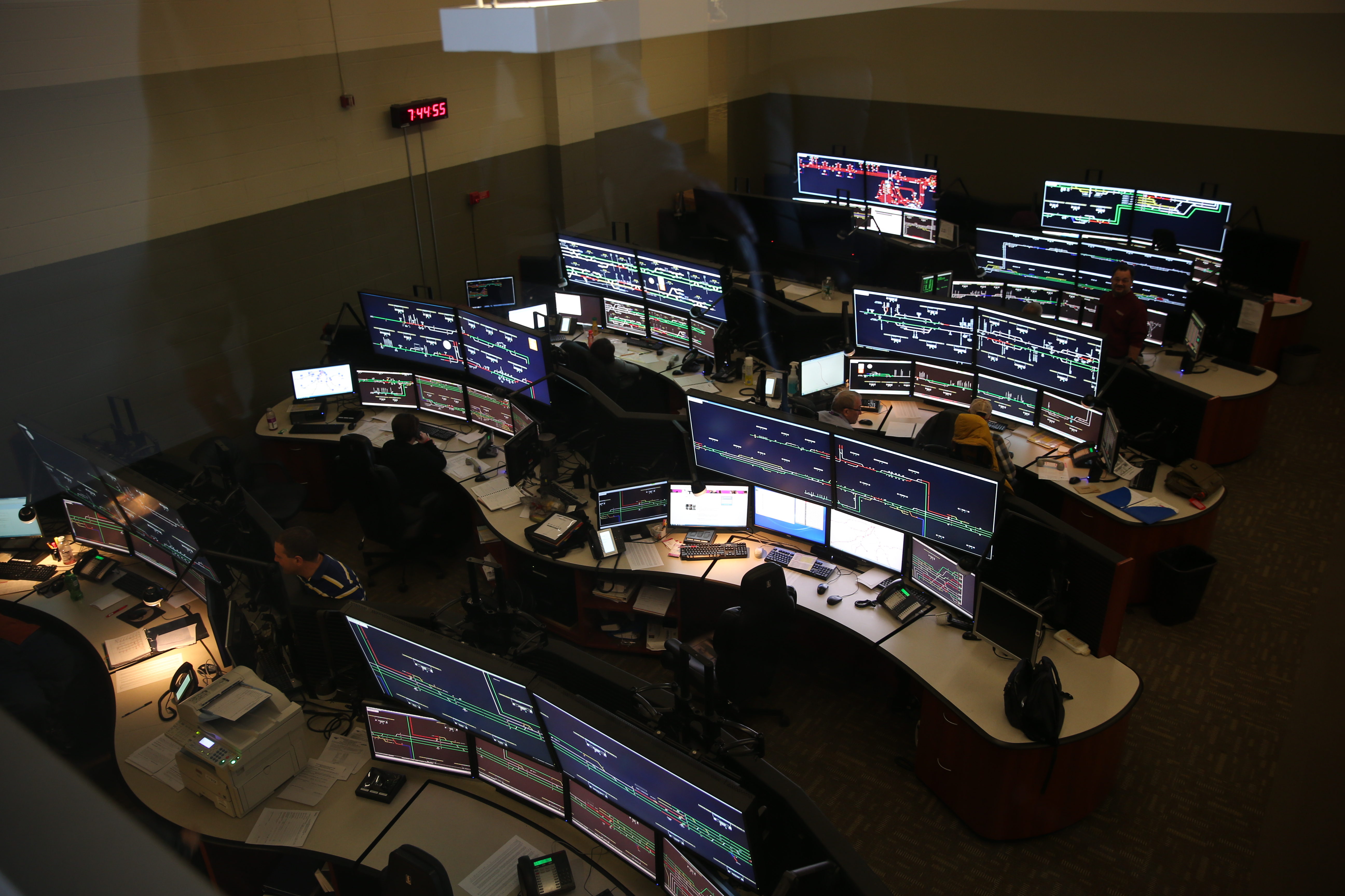 Screens in the MBTA control room help monitor the trains.