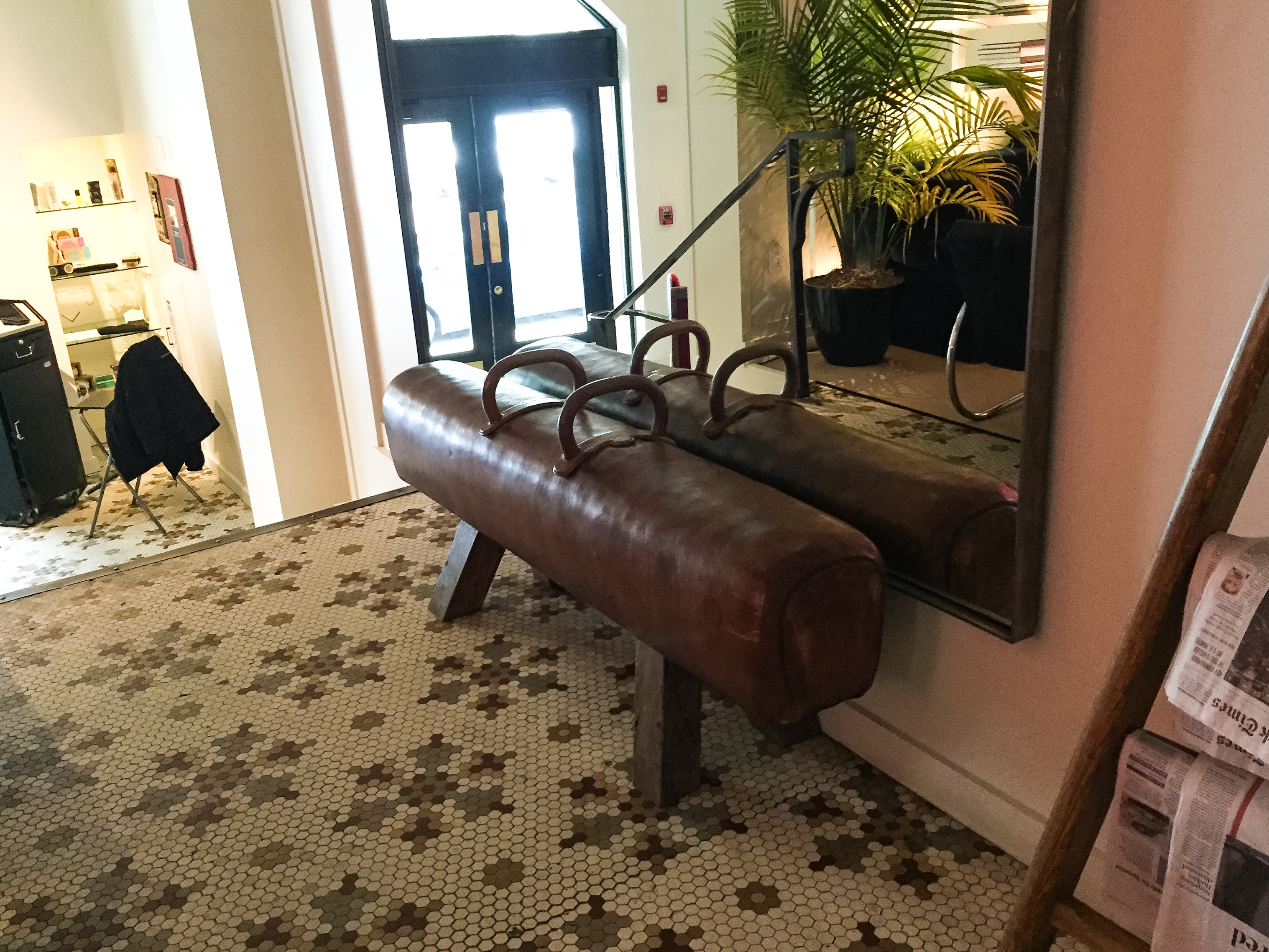A pommel horse bench in the lobby