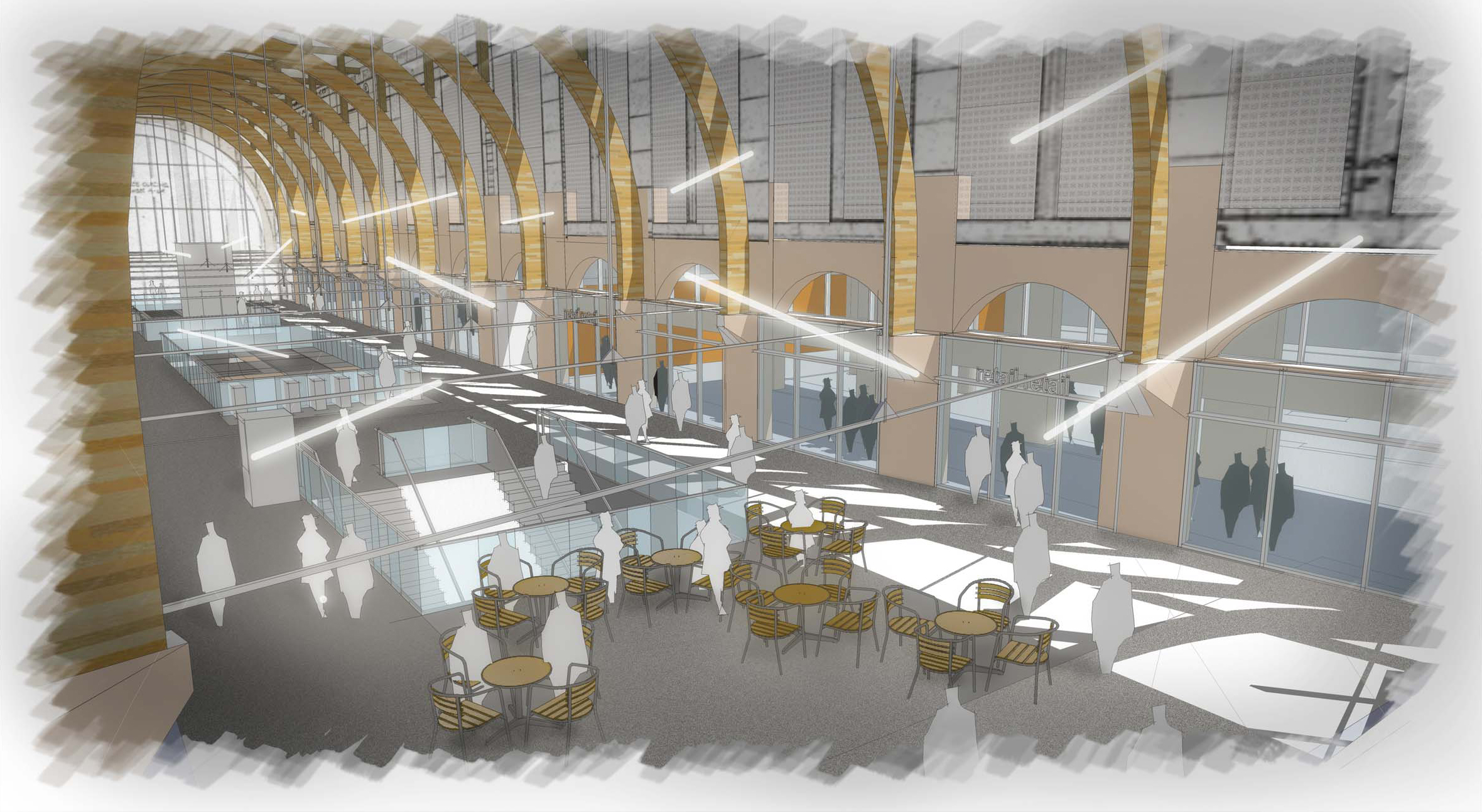 A conceptual view of the Back Bay Station, interior.