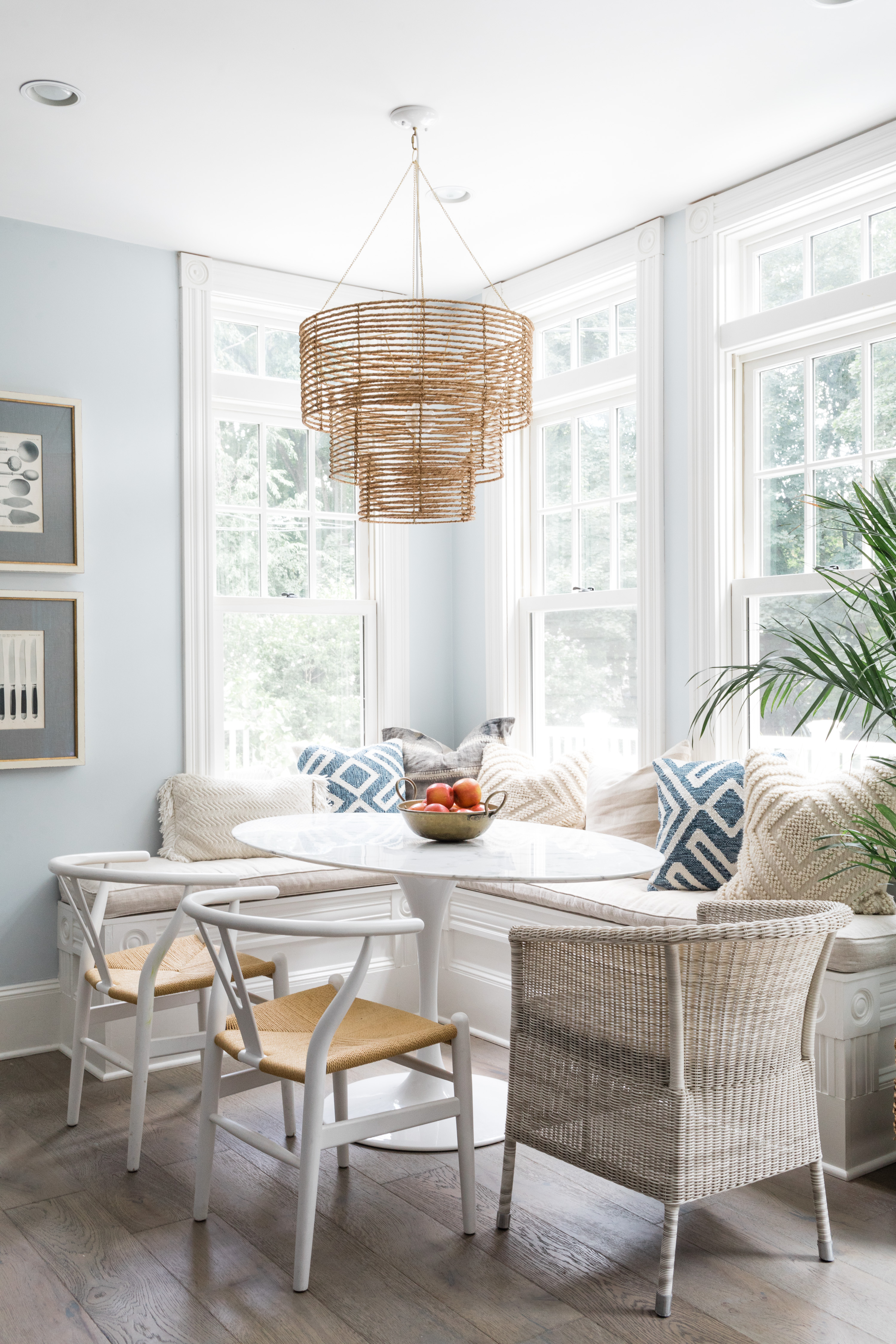 Minns never misses a chance to hang a bohemian-style chandelier. The one in the breakfast nook is by Selamat Designs.