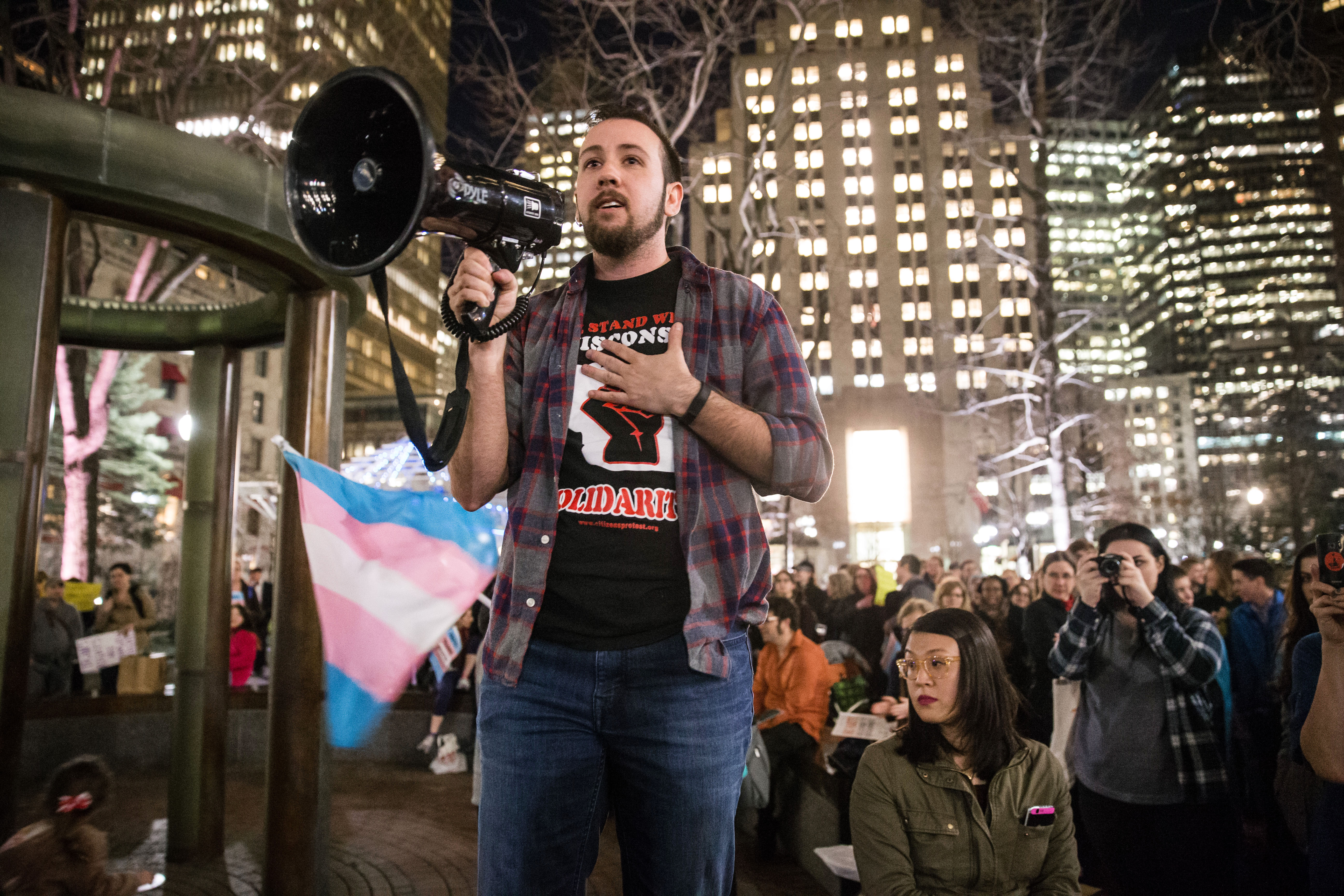 Mason Dunn, of the Mass. Transgender Political Coalition, spoke during a rally to support trans students held at Post Office Square in Boston.
