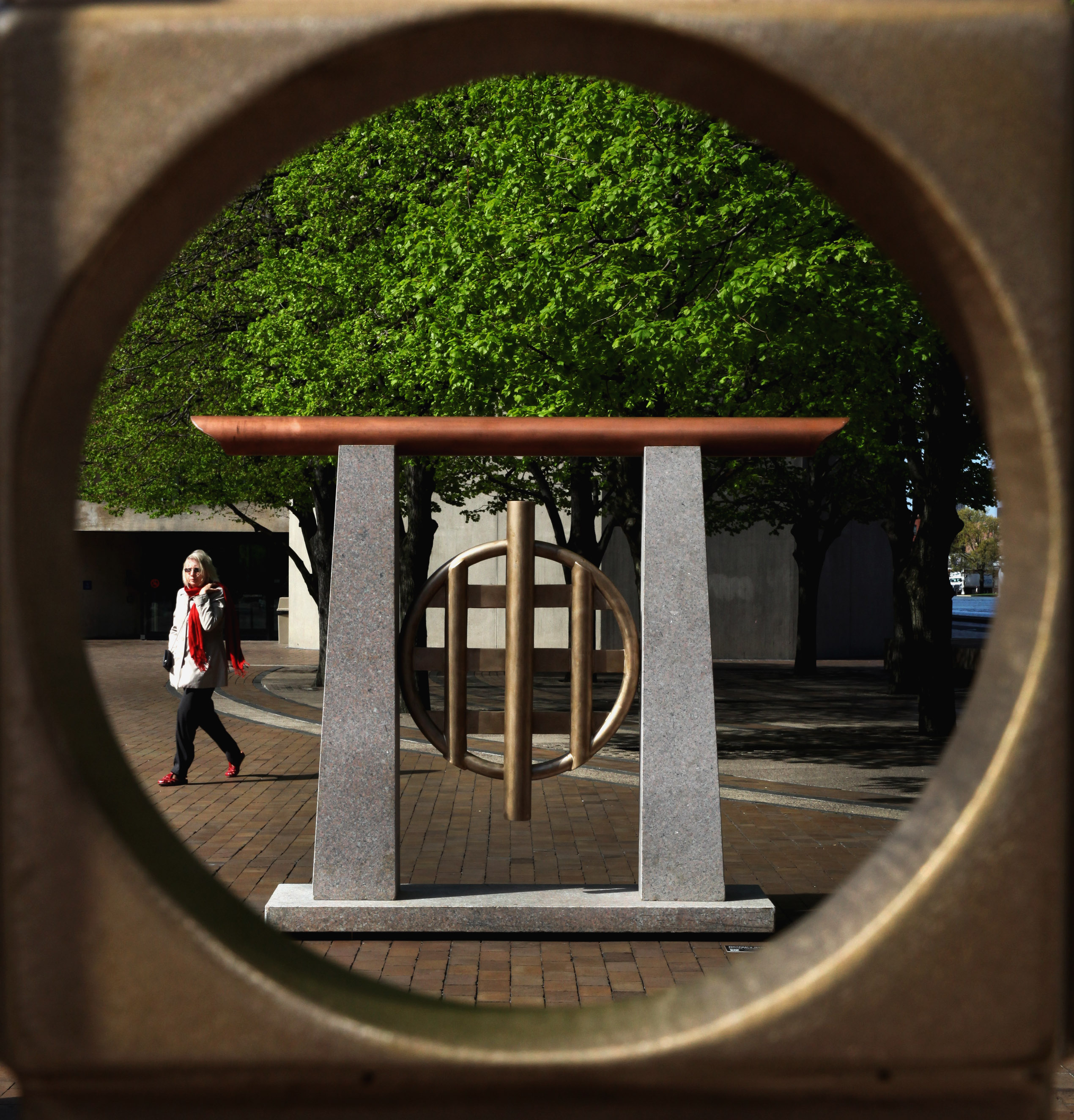 Murray Dewart's “Donegal's Gate,’' a bronze, granite and copper sculpture, is on view at the Christian Science Monitor complex. Globe (Staff Photo/Wendy Maeda)