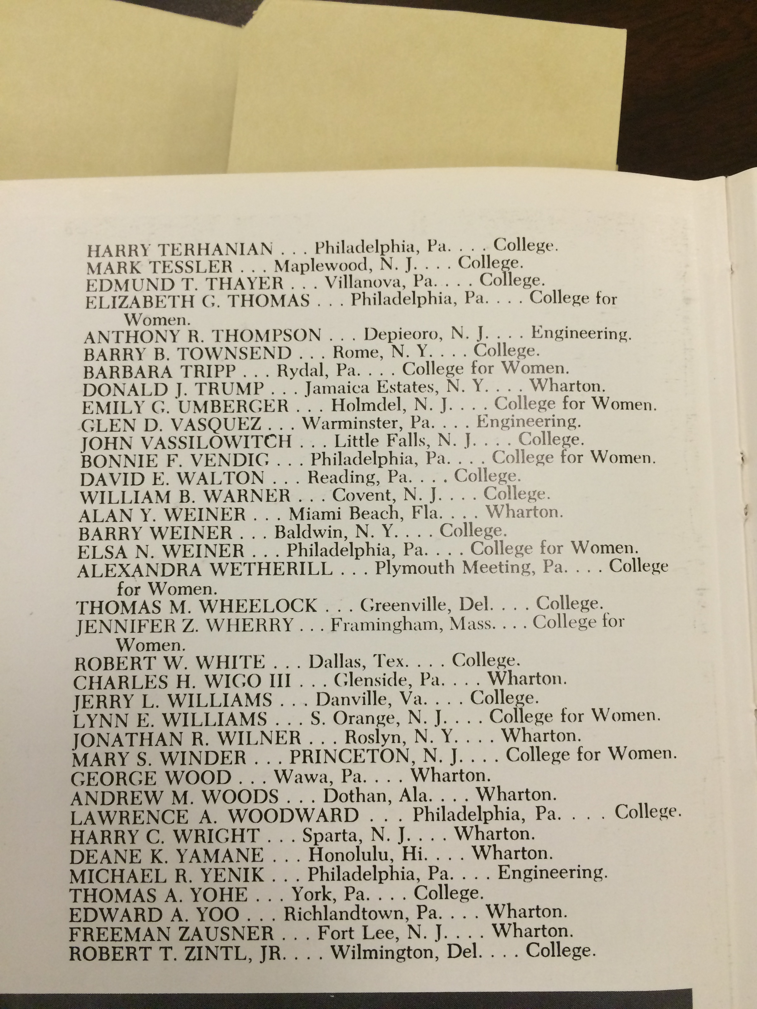 Donald Trump's name in the 1968 Wharton yearbook, on a page of those who were not photographed.