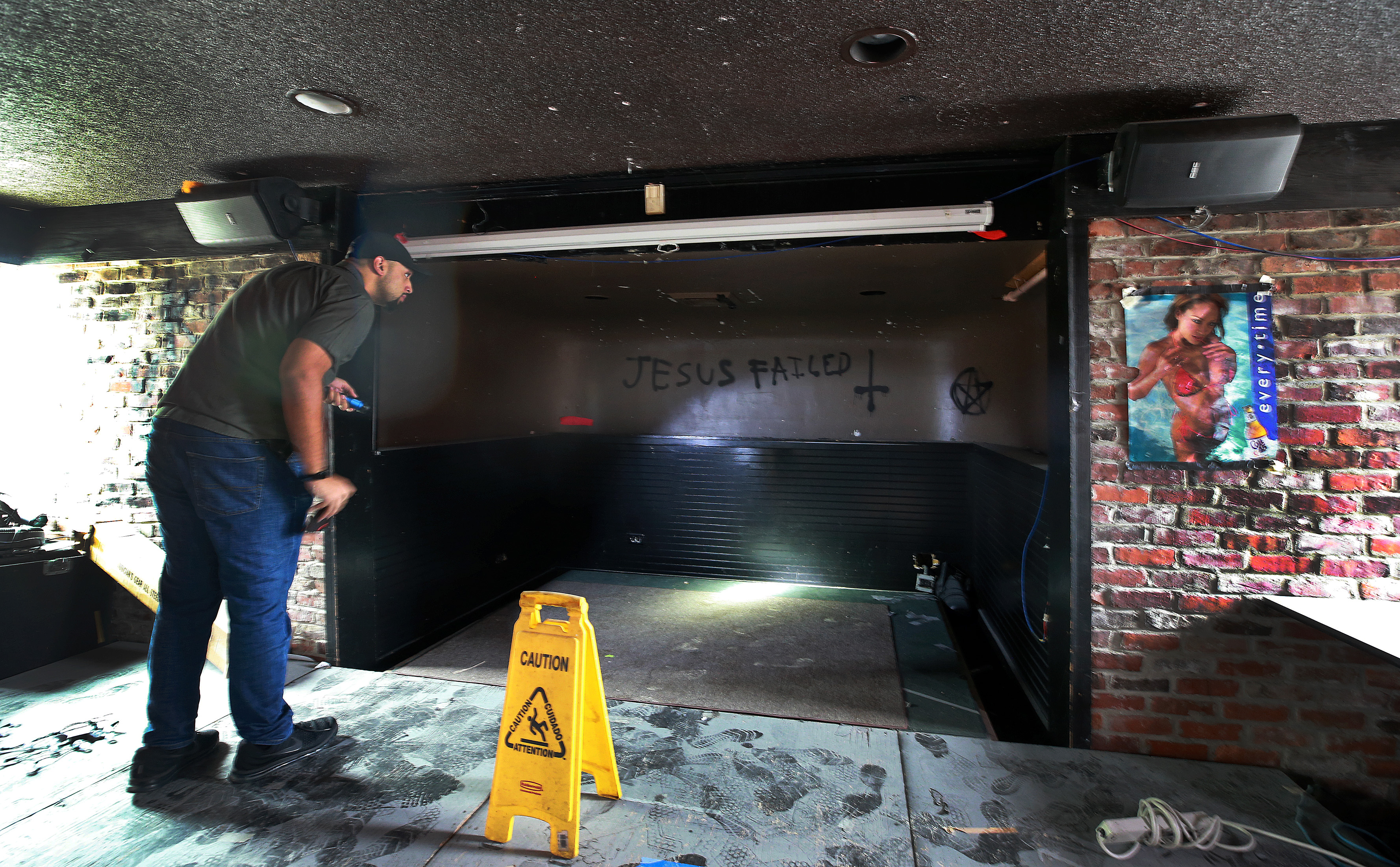Jordan Avery looked at the damage done by apparent vandals.