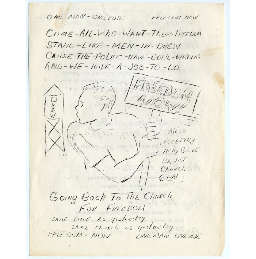 Flier encouraging people in the black community to attend a mass meeting in Drew, Miss., in July 1964. Police would break up the meeting, arresting Ellen Siegel and two dozen other activists.