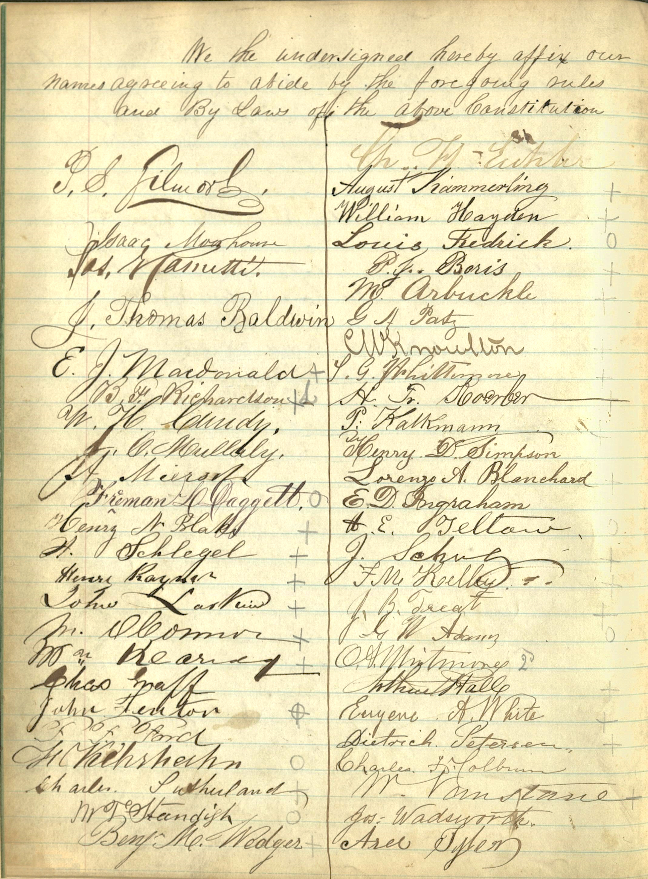 Signatures from the Boston Musicians Union constitution.