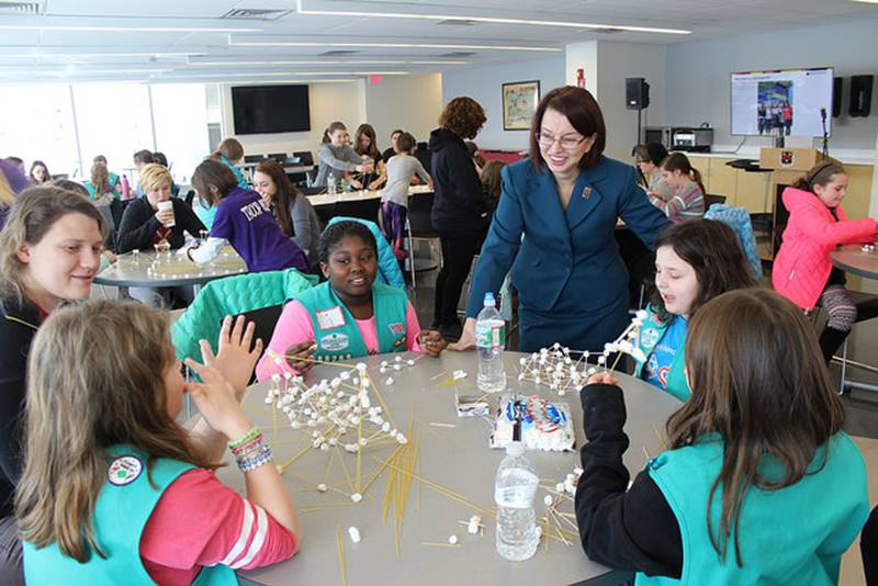 Zorica Pantic, president of the Wentworth Institute of Technology, talks with Girl Scouts about careers in construction and engineering.