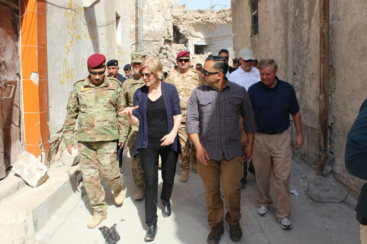 Senators Elizabeth Warren and Lindsay Graham also toured the city of Erbil, Iraq.
