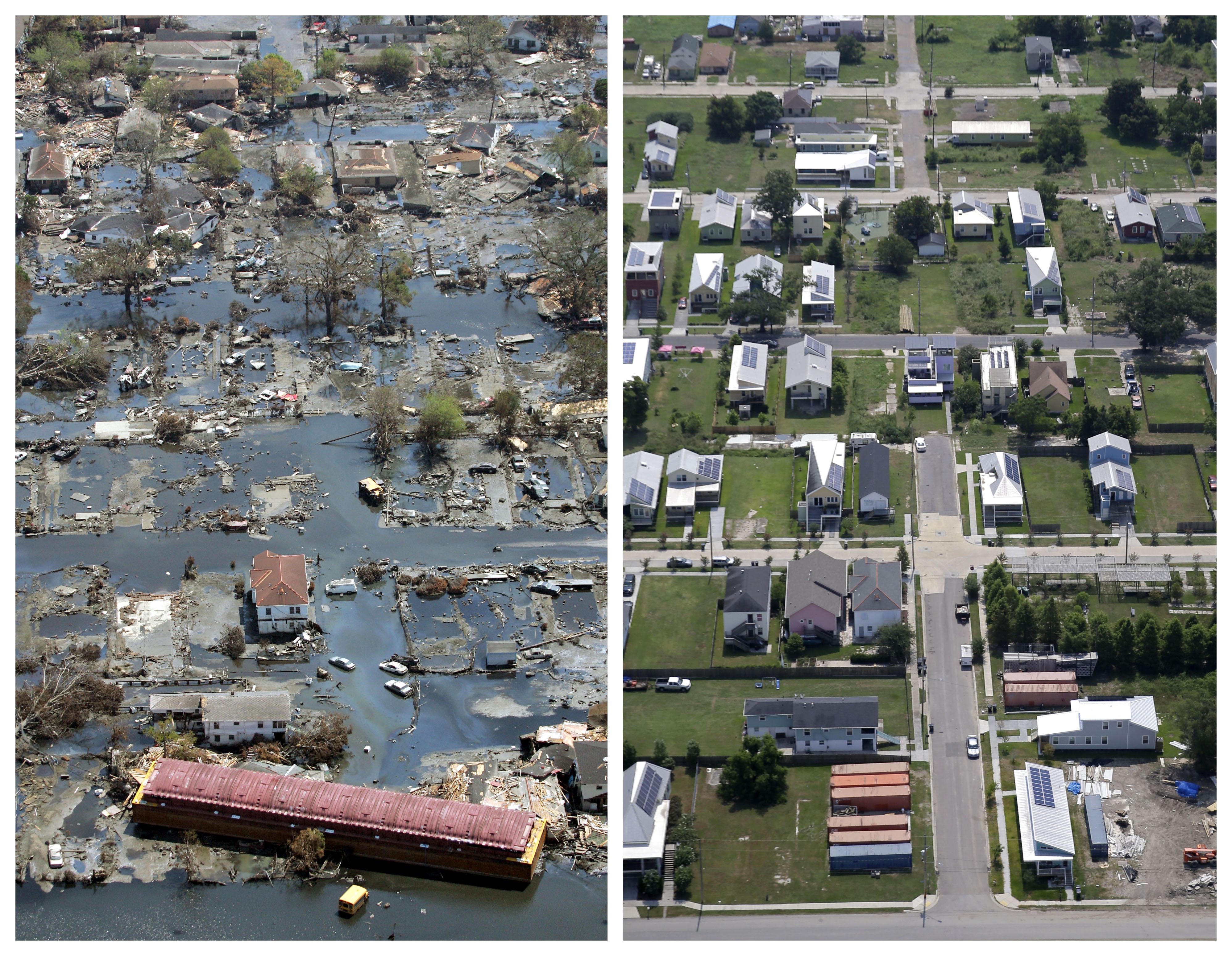 Aerial photos of New Orleans’ Lower Ninth Ward taken on Sept. 11, 2005 (left) and July 29, 2015.
