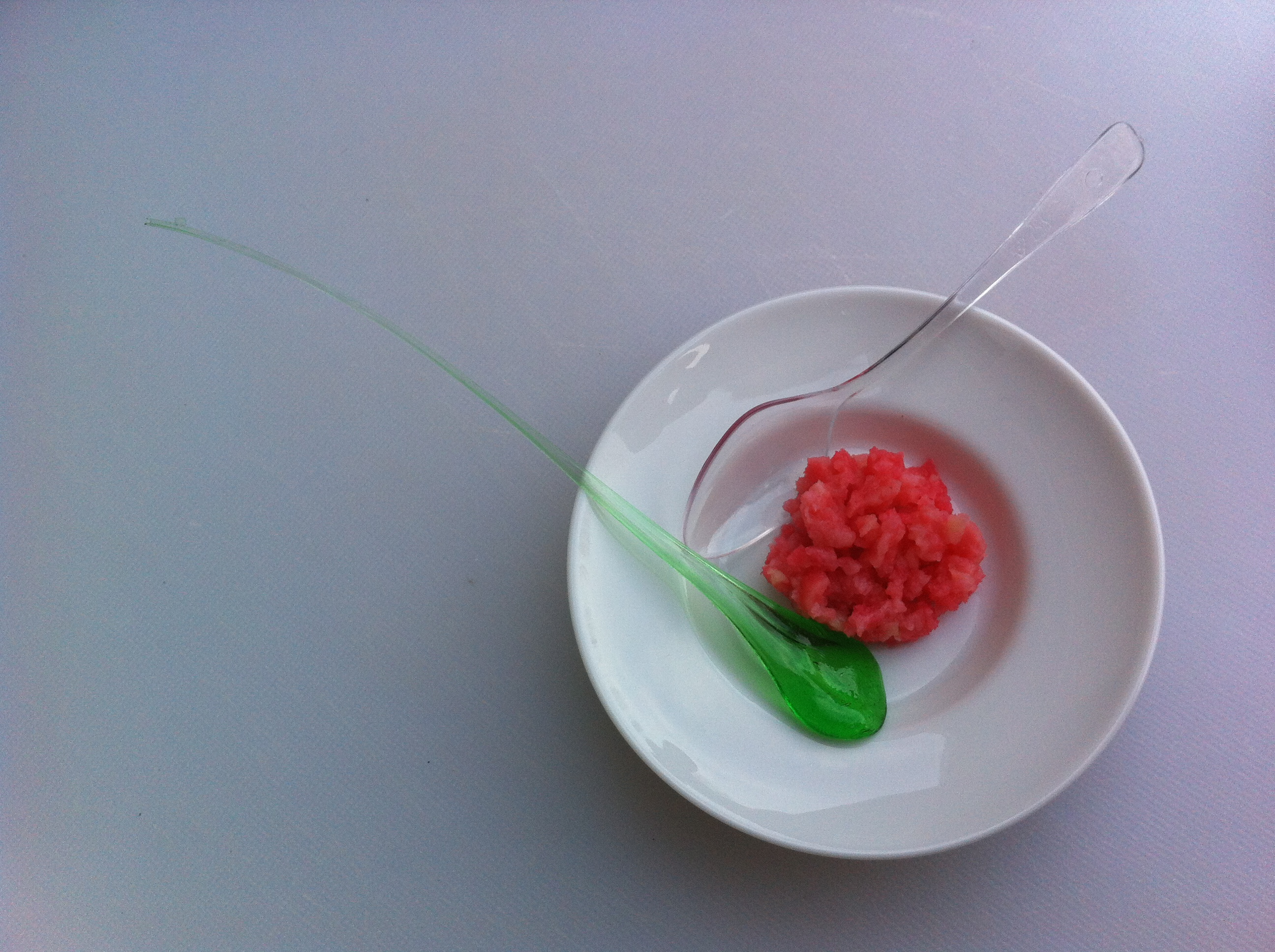 An example of This’s scientific cooking: The glassy element is made of isomalt, colored with a green pigment. Flavor and aroma are added as well.