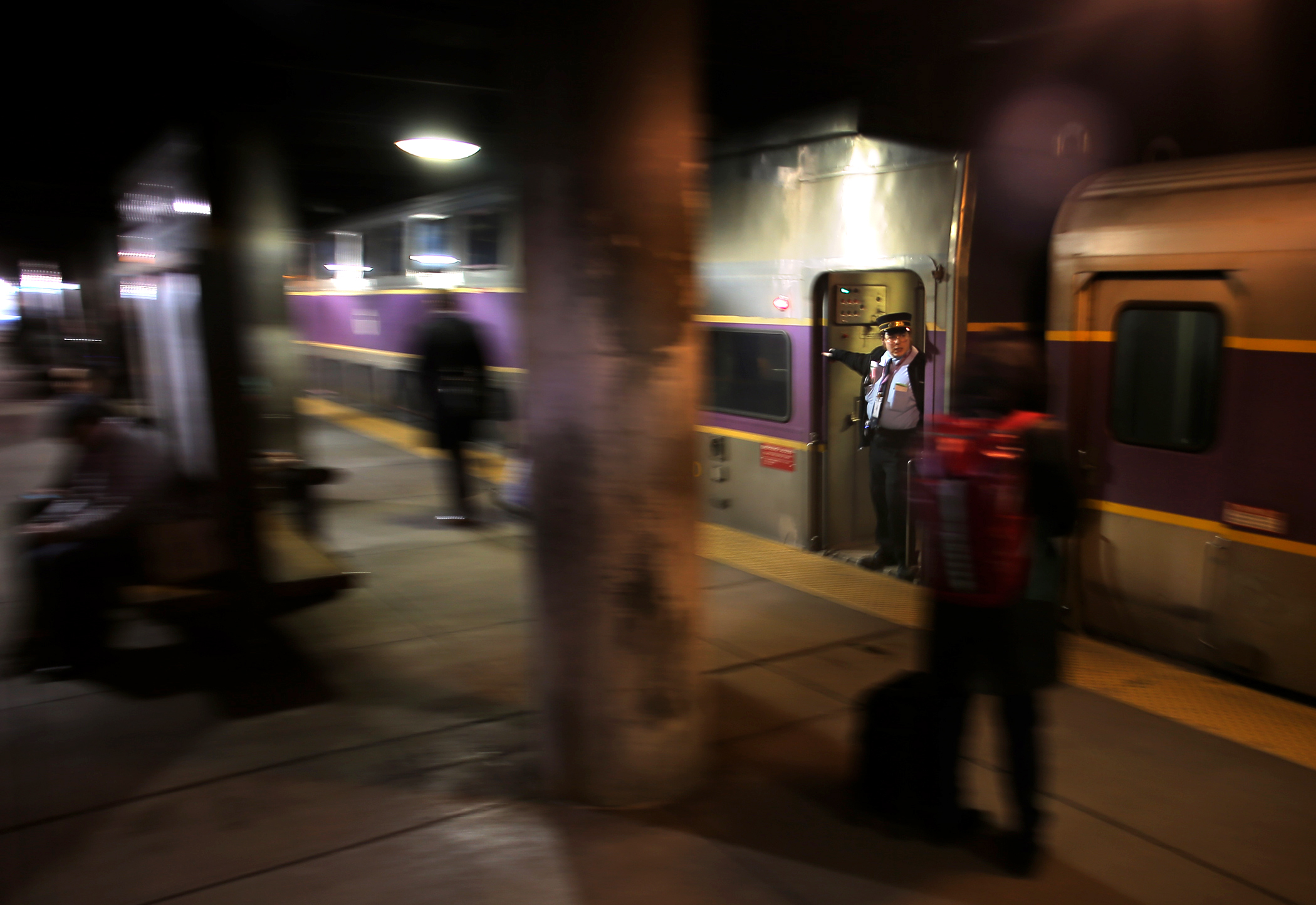 A commuter train pulled into Back Bay Station. About 100,000 people ride the system daily.