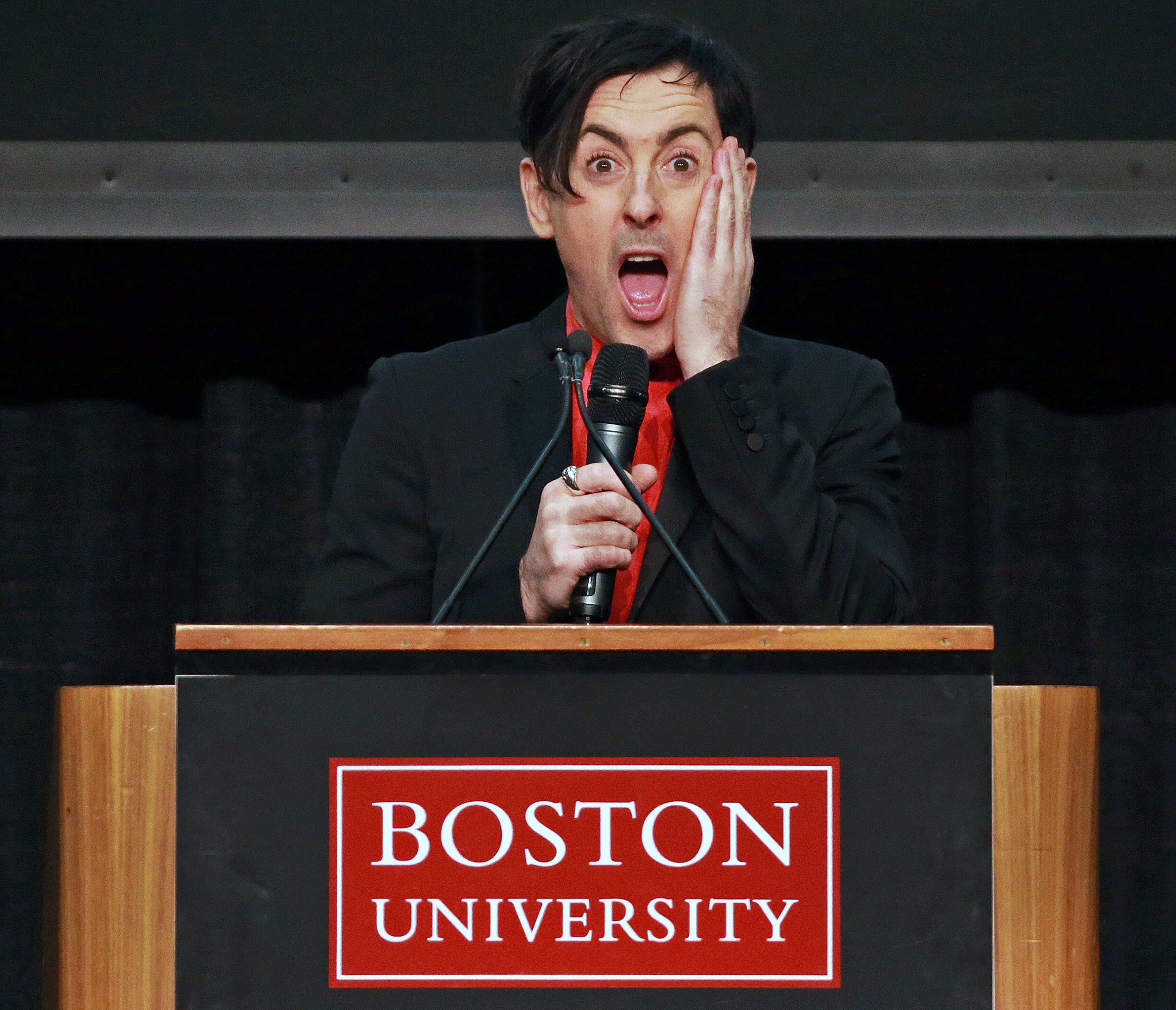 Alan Cumming talking to a crowd at Boston University on Monday.