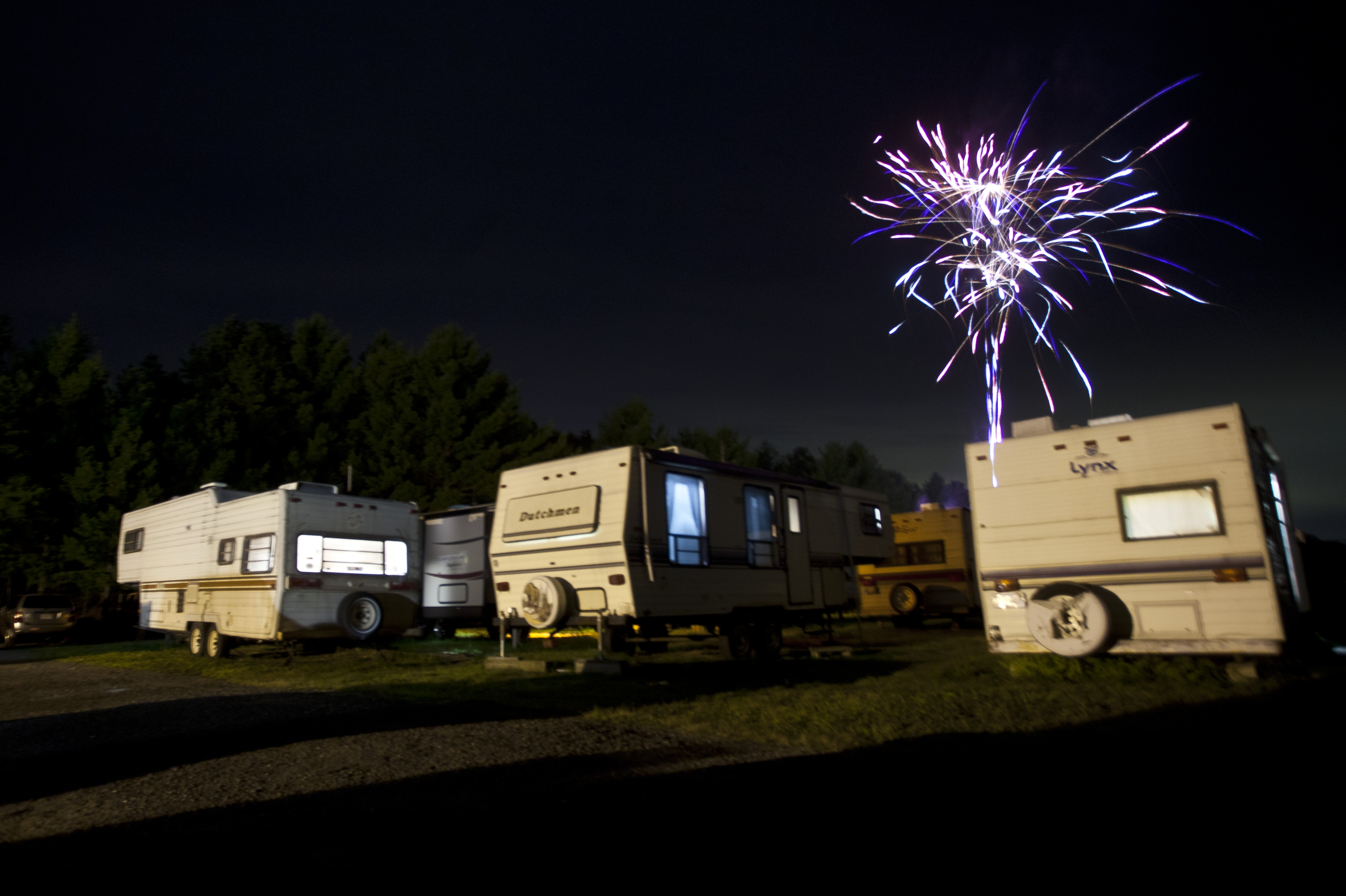 A sporadic burst of fireworks erupted from the skydiver trailer park on Saturday night at Jumptown.