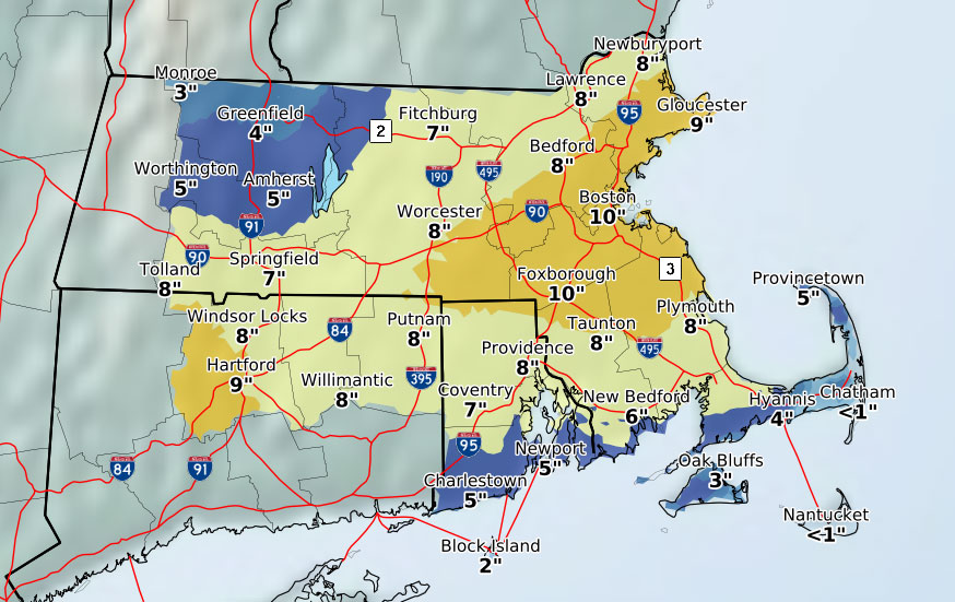 Forecasters now expect Boston to get about 10 inches of snow from Wednesday’s storm.