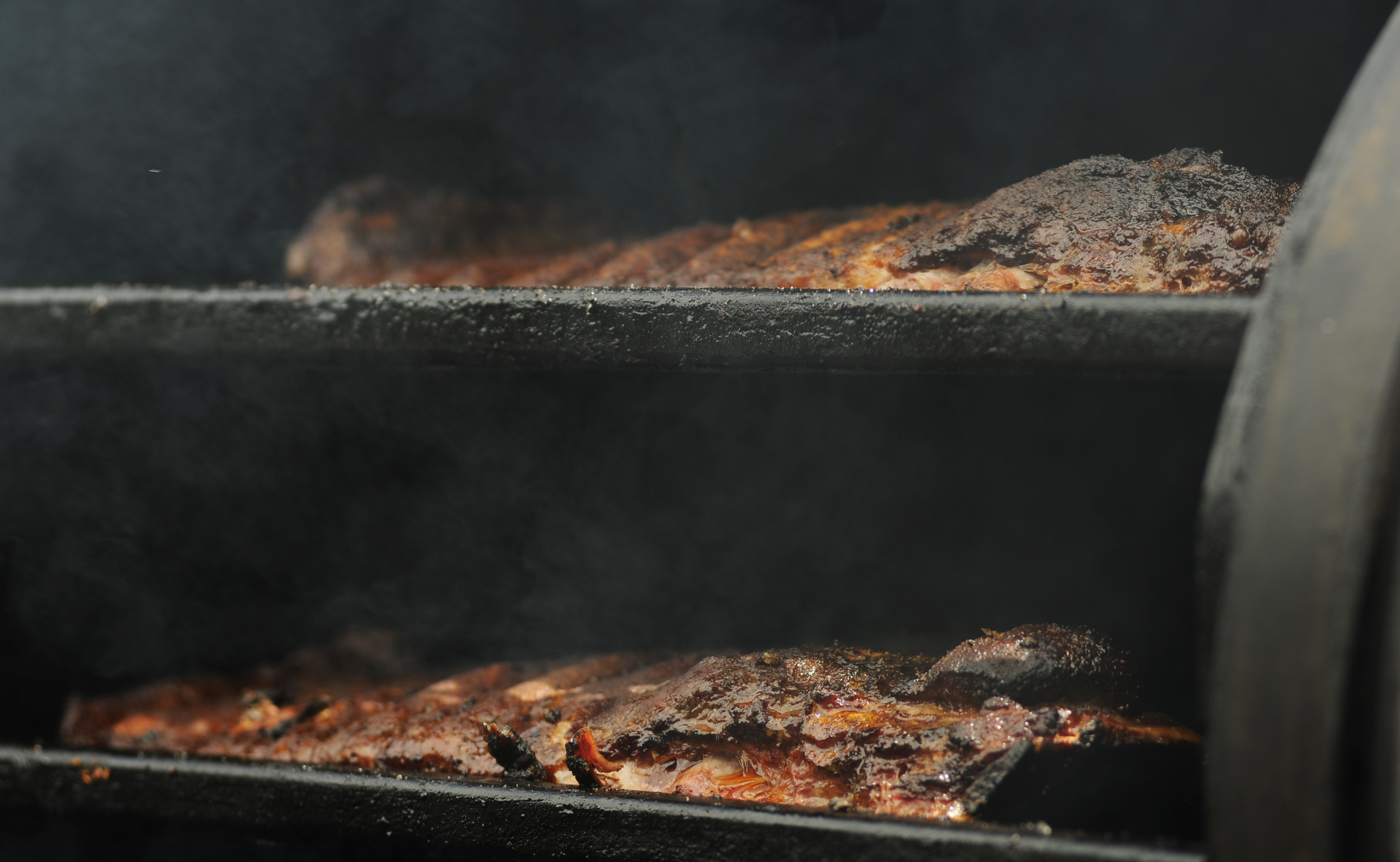Ribs smoking at Smoky Bro’s BBQ.