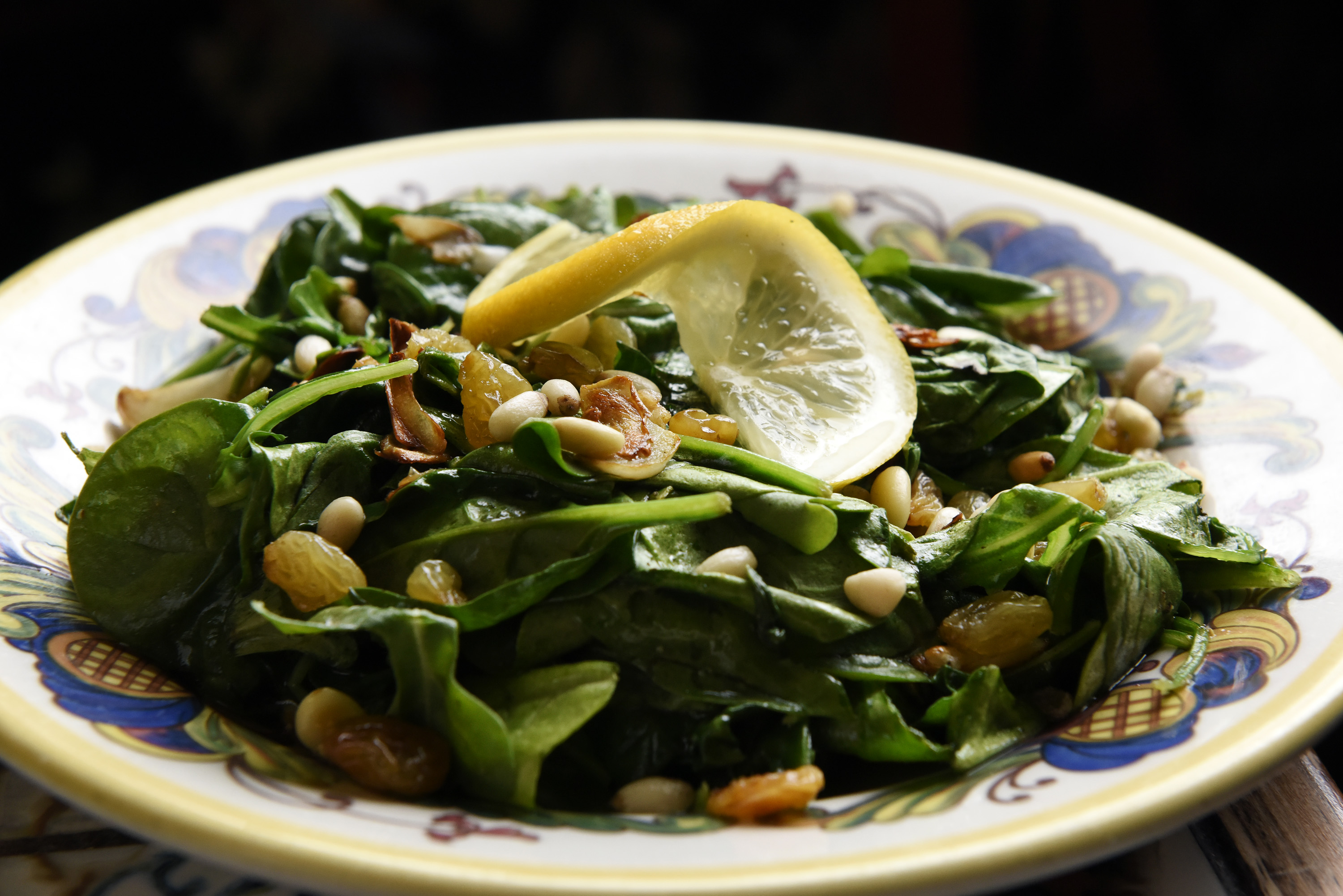 Catalan spinach with pine nuts, raisins, and garlic.