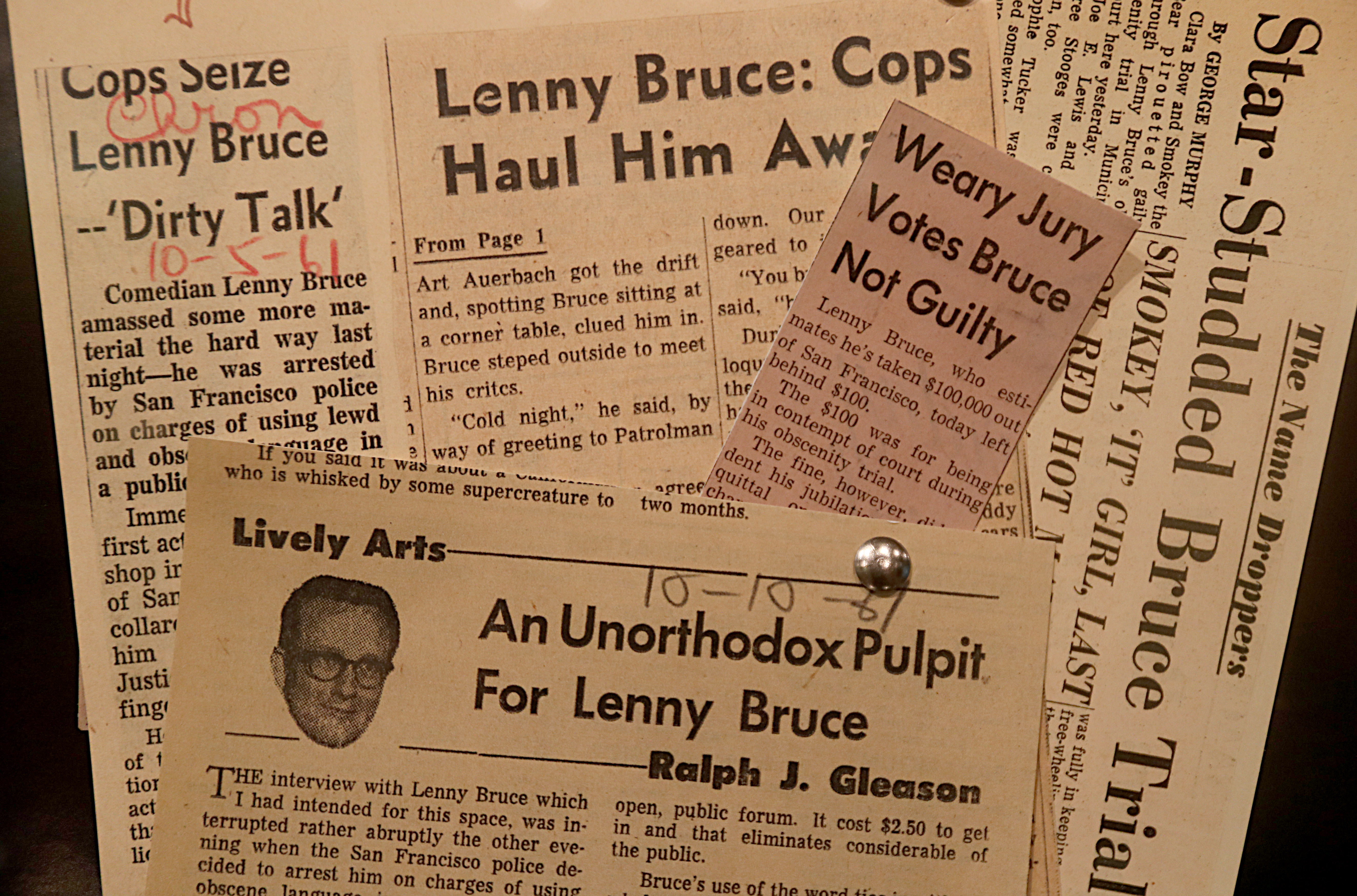 Old news clippings about Lenny Bruce are part of Brandeis University’s archive of Bruce-related material.