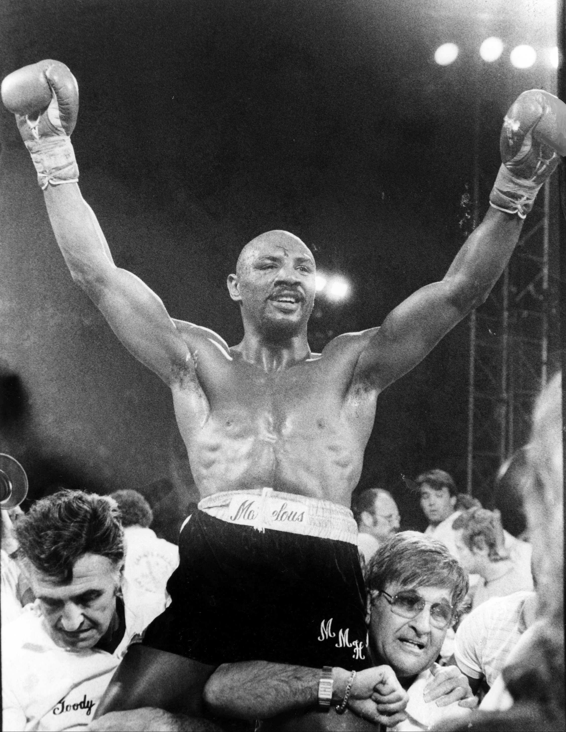 Marvin Hagler celebrated after his win against Thomas Hearns.