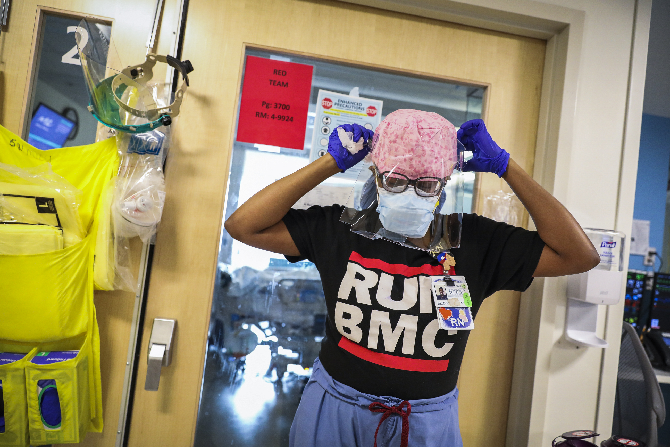 Monica Germain removed her face shield after caring for a COVID-19 patient in an intensive care unit.