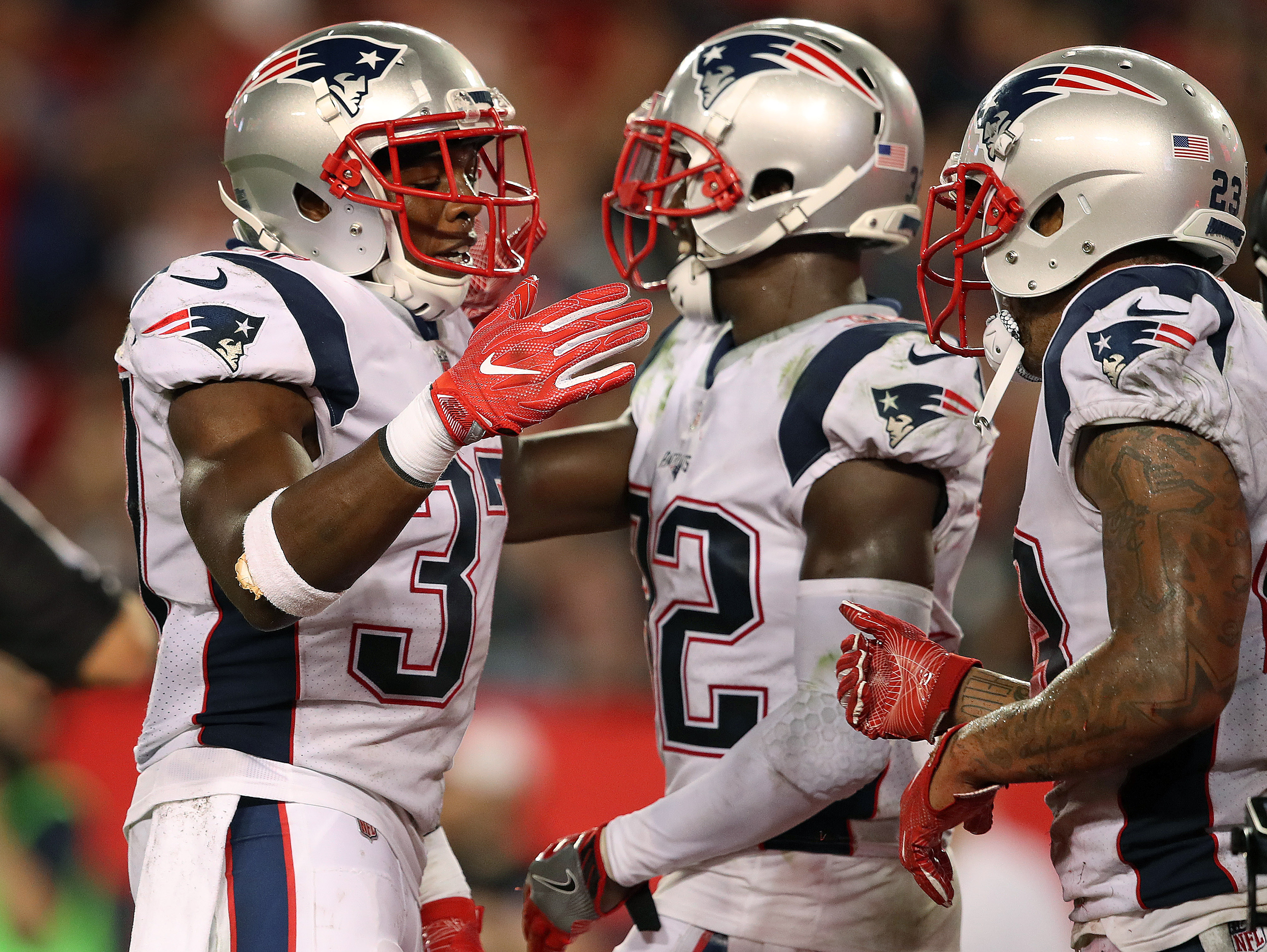 Safeties (from left) Jordan Richards, Devin McCourty, and Patrick Chung have solidified the Patriots defense.
