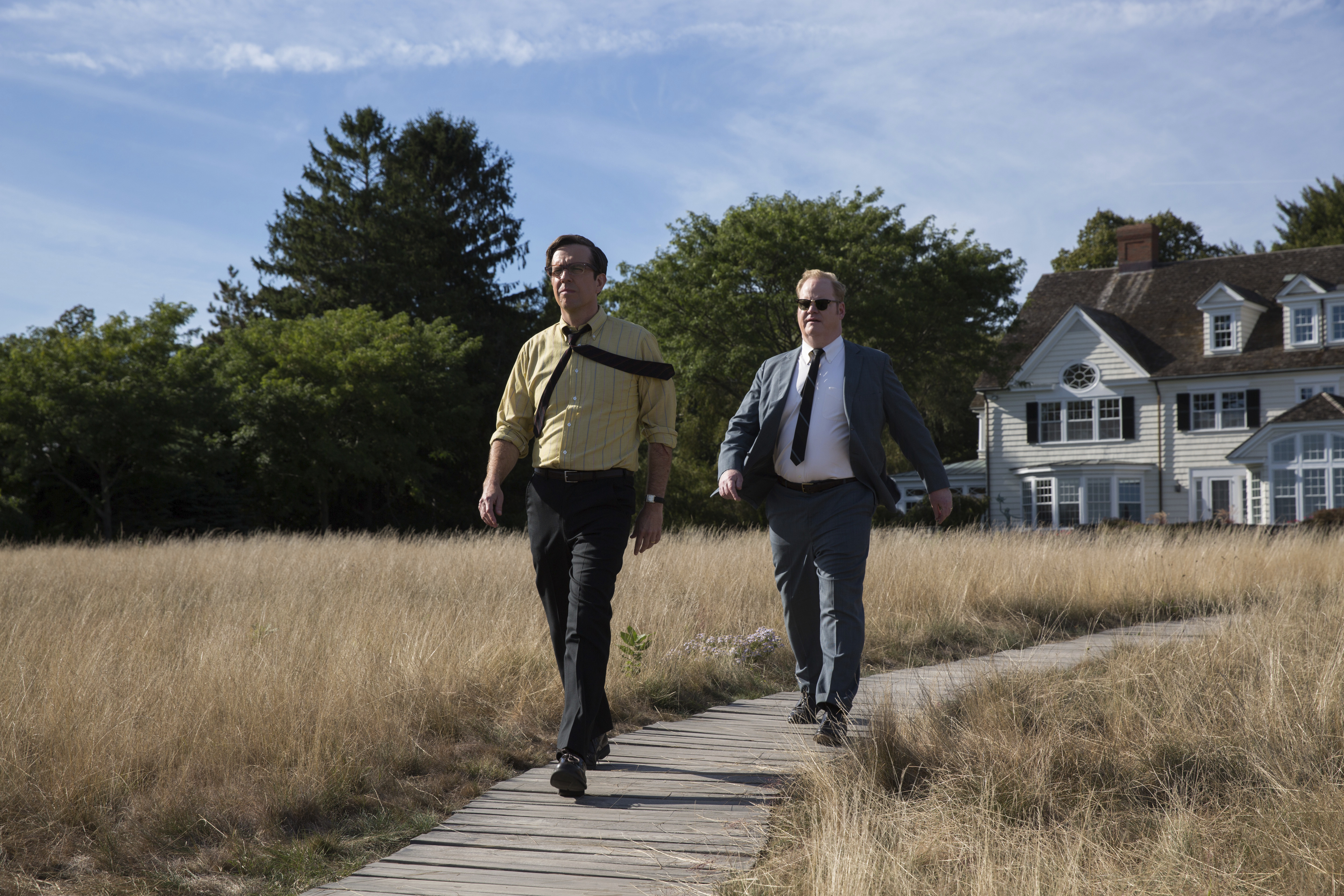 Ed Helms stars as Joe Gargan (left) and Jim Gaffigan as Paul Markham in a scene from "Chappaquiddick."