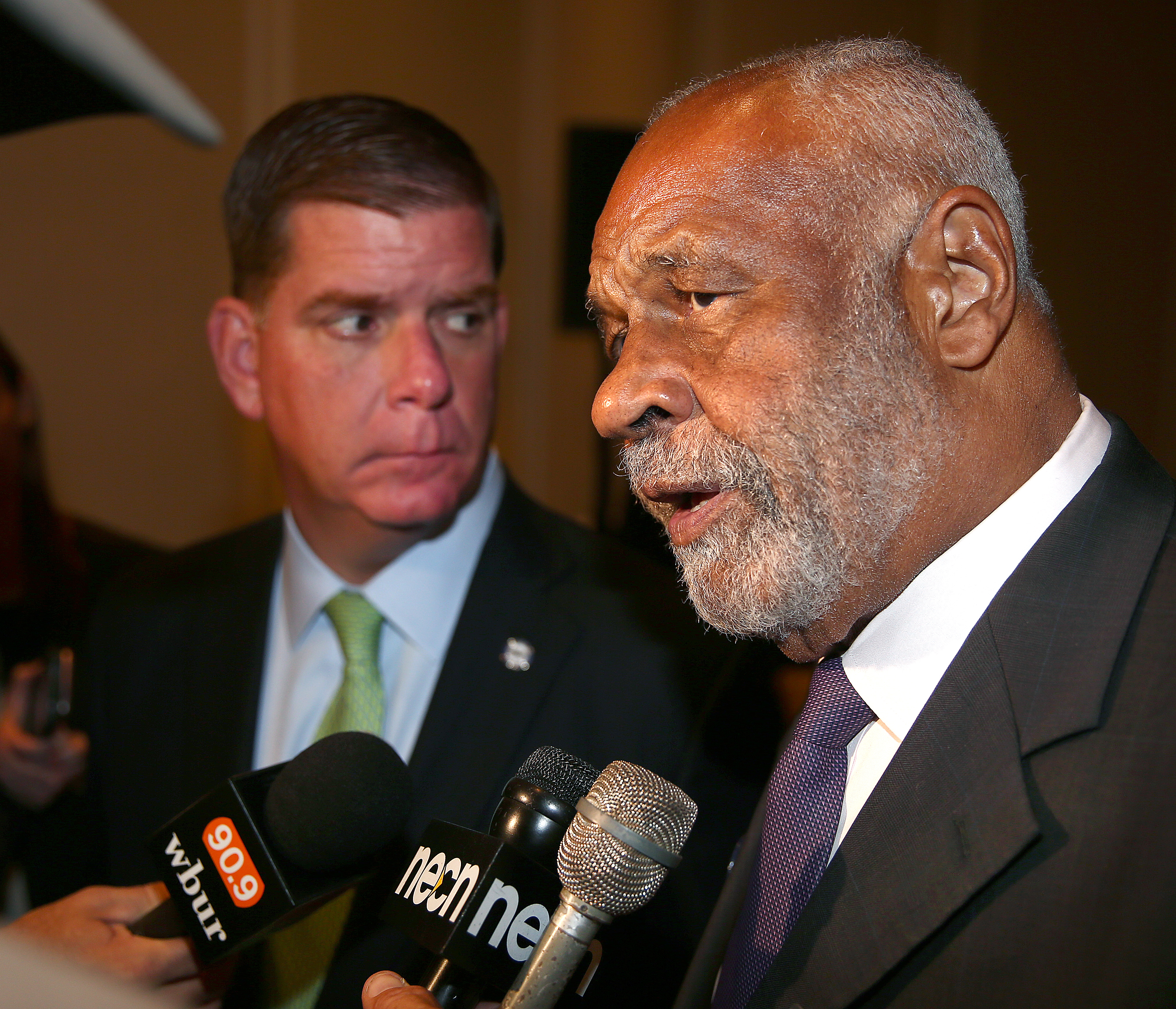Mayor Martin J. Walsh is shown with Fletcher Wiley, a Boston lawyer, at event sponsored by the Greater Boston Chamber of Commerce.