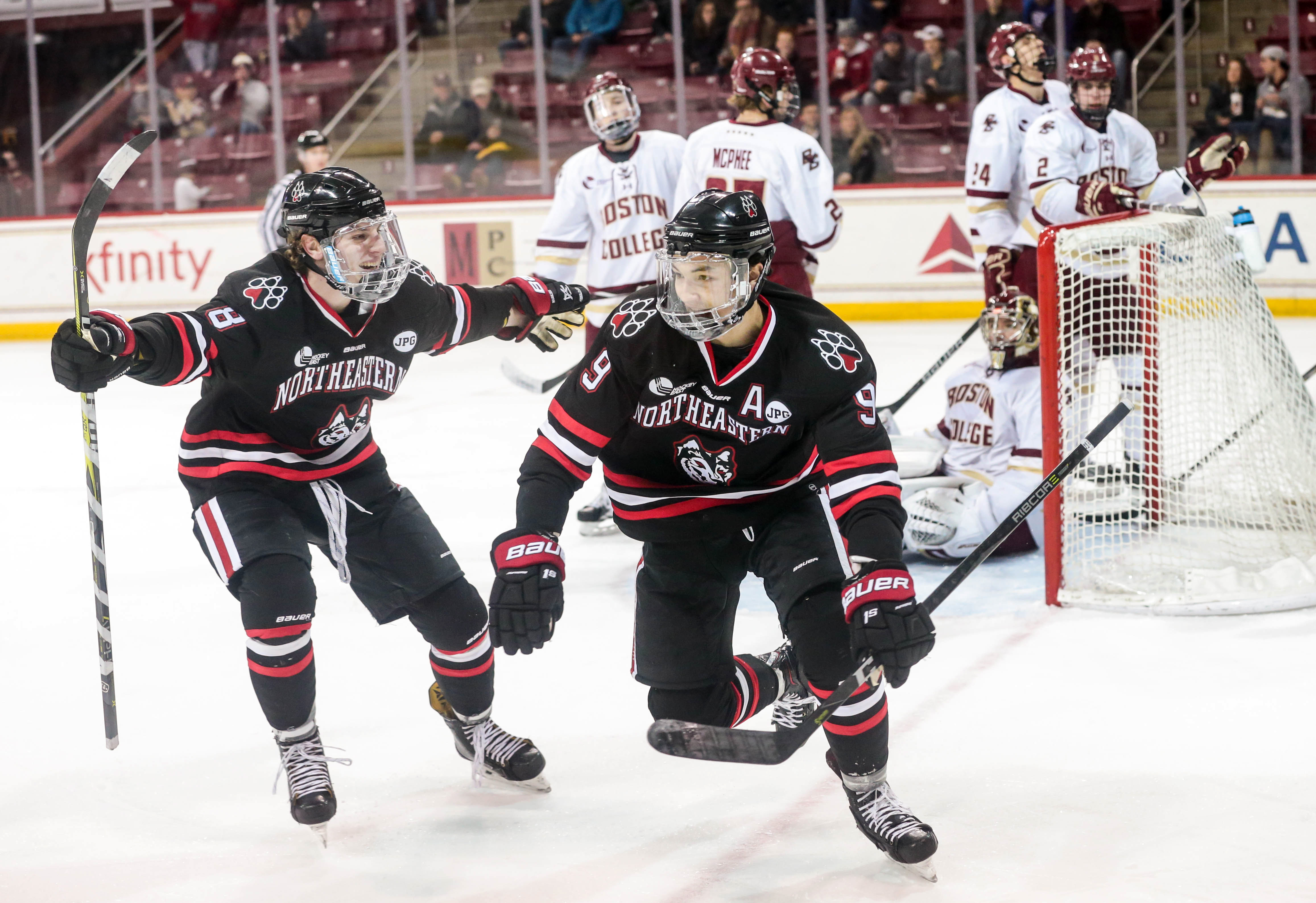 Dylan Sikura (right) scored for Northeastern in its game vs. Boston College on Dec. 9.