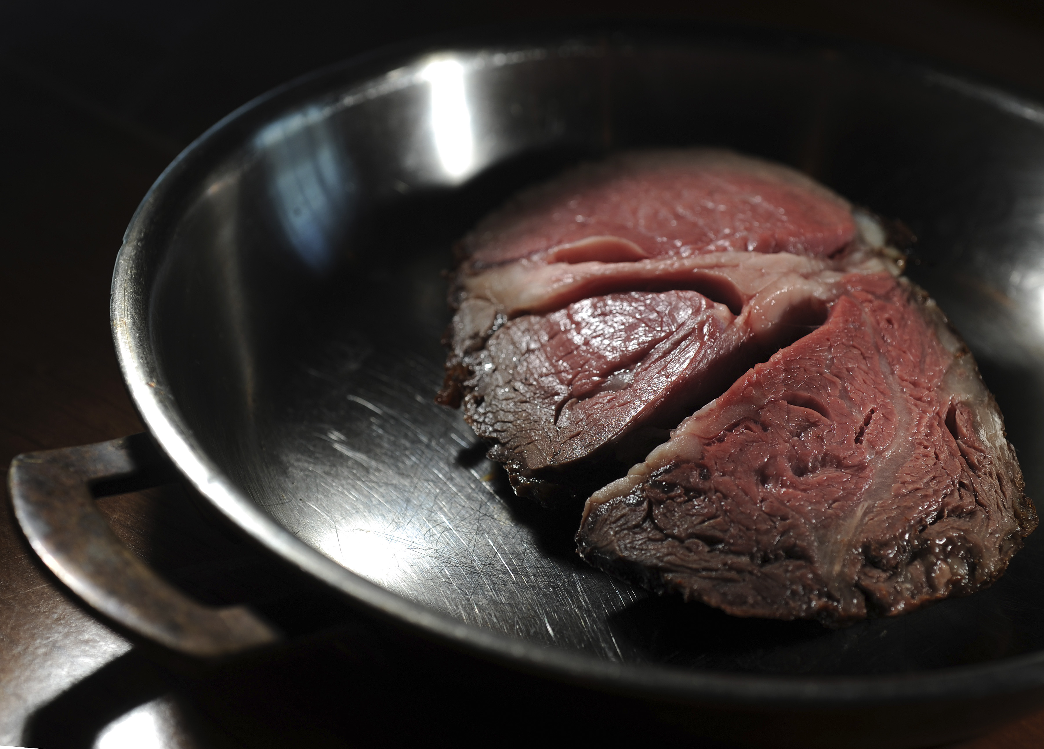 The roast beef is carved tableside.