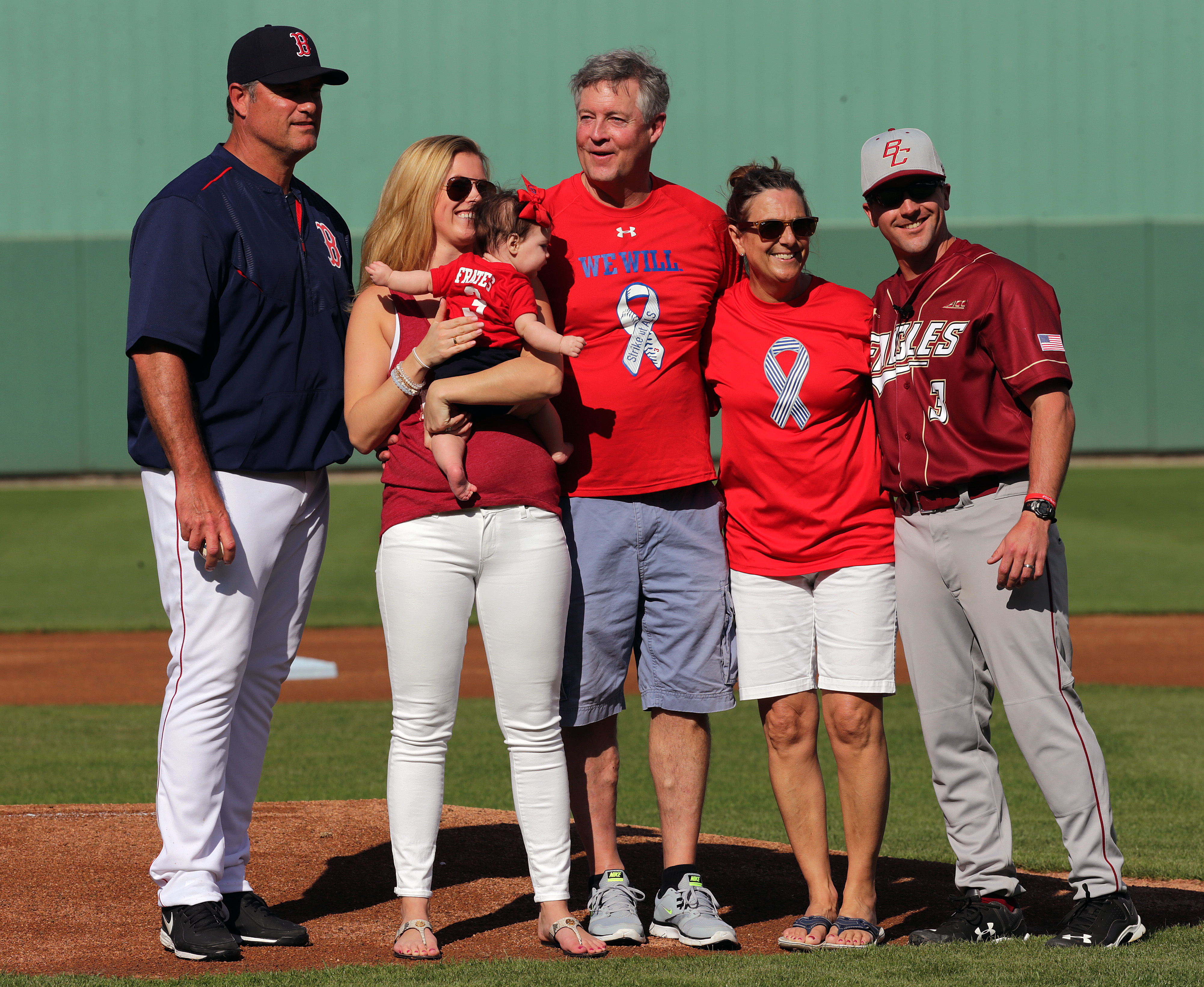 Red Sox manager John Farrell joined members of Pete Frates’ family before the game, including his wife Julie Frates, his father John Frates, mother Nancy Frates, and Boston College baseball coach Mike Gambino.
