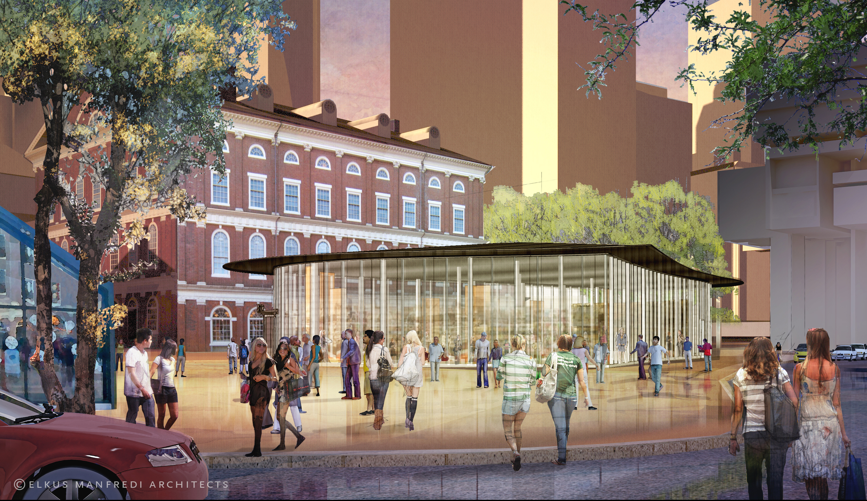 A glass pavilion that may house a retailer would replace a greenhouse-like structure at the edge of the complex. It’s designed not to complete with the historic buildings’ grandeur.