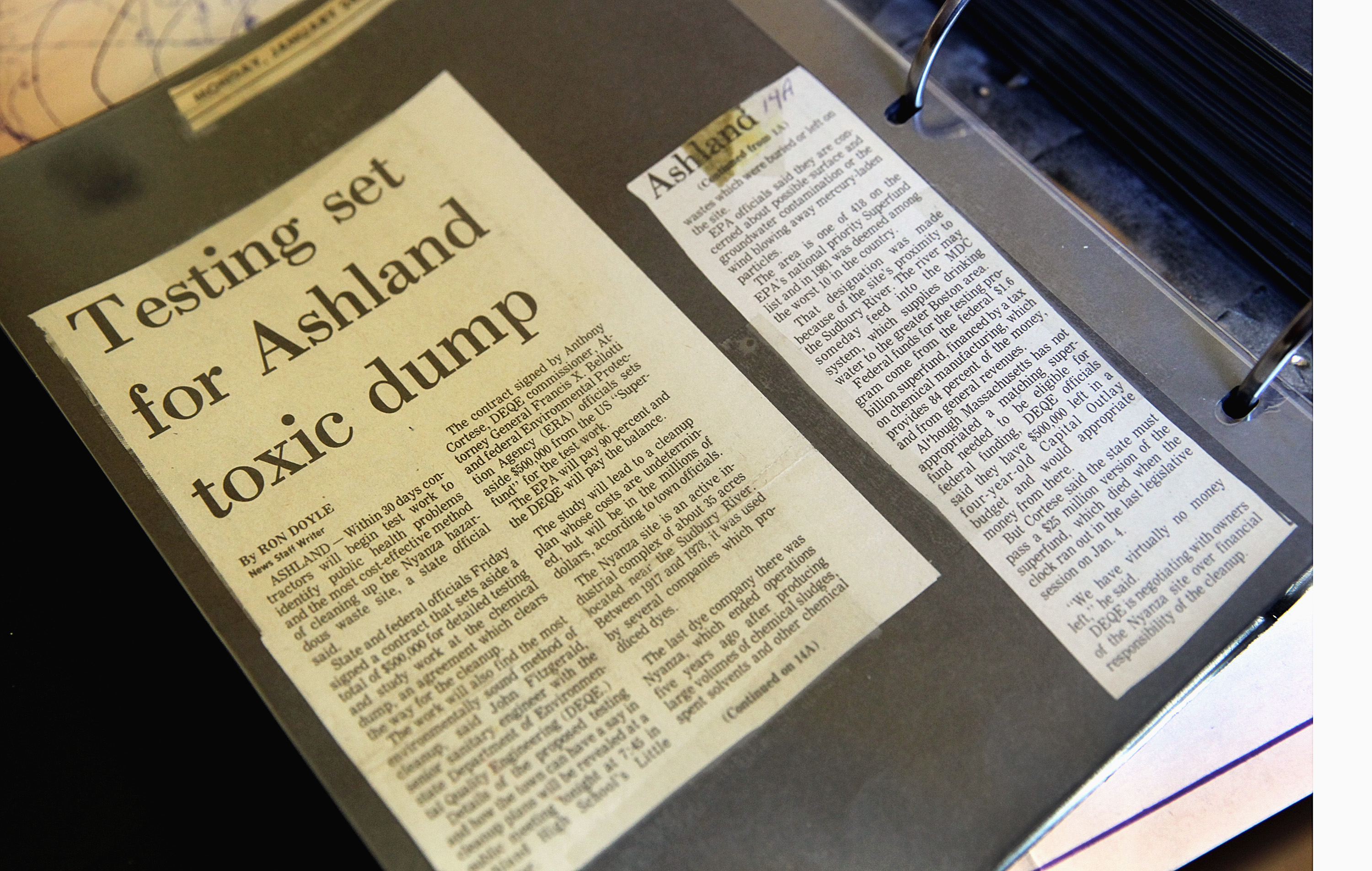 Newspaper clips of the Nyanza chemical contamination in Ashland Town Library.