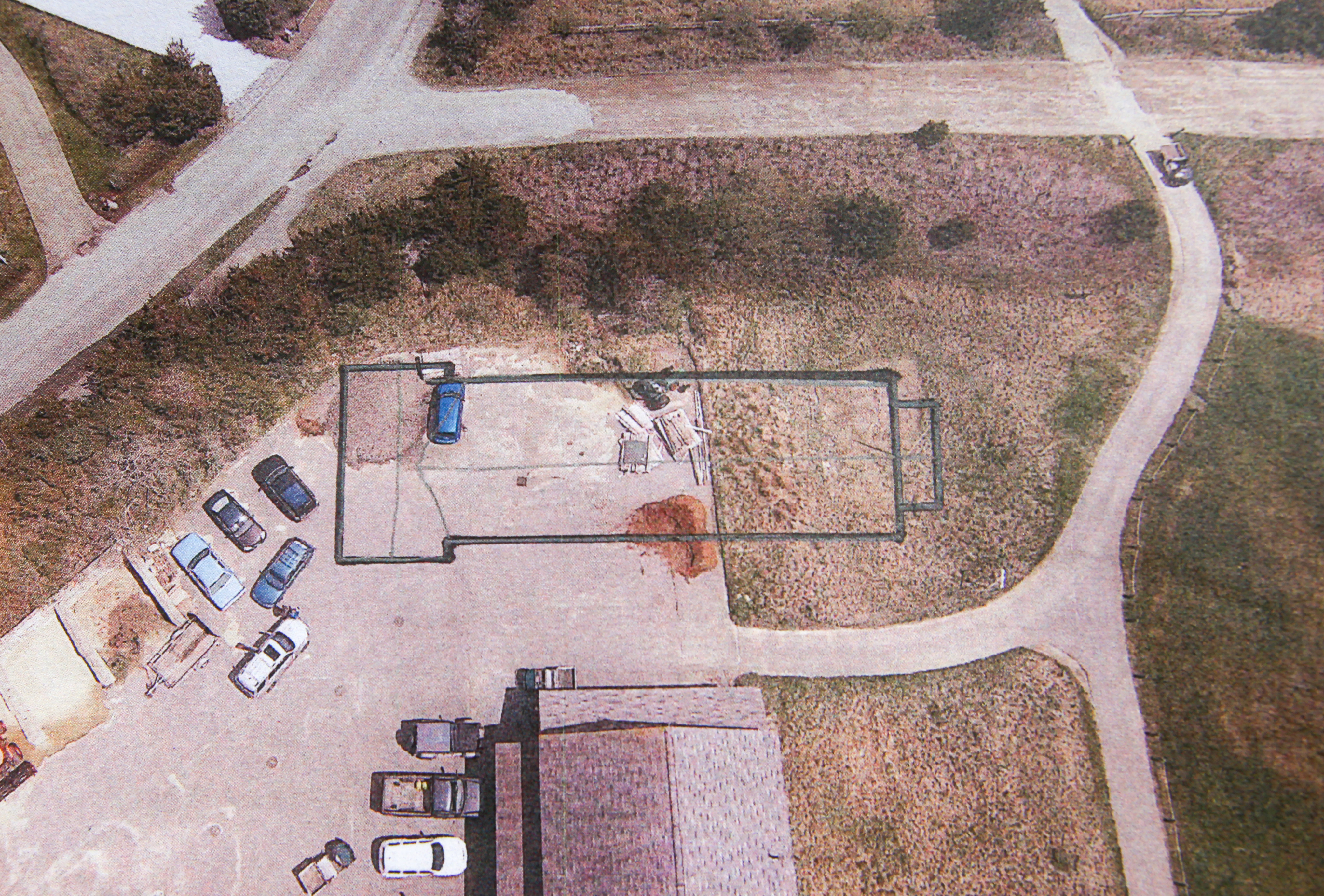 The proposed foot print of the dorm building was drawn onto an overhead photo of the Miacomet Golf Maintenance Facility.