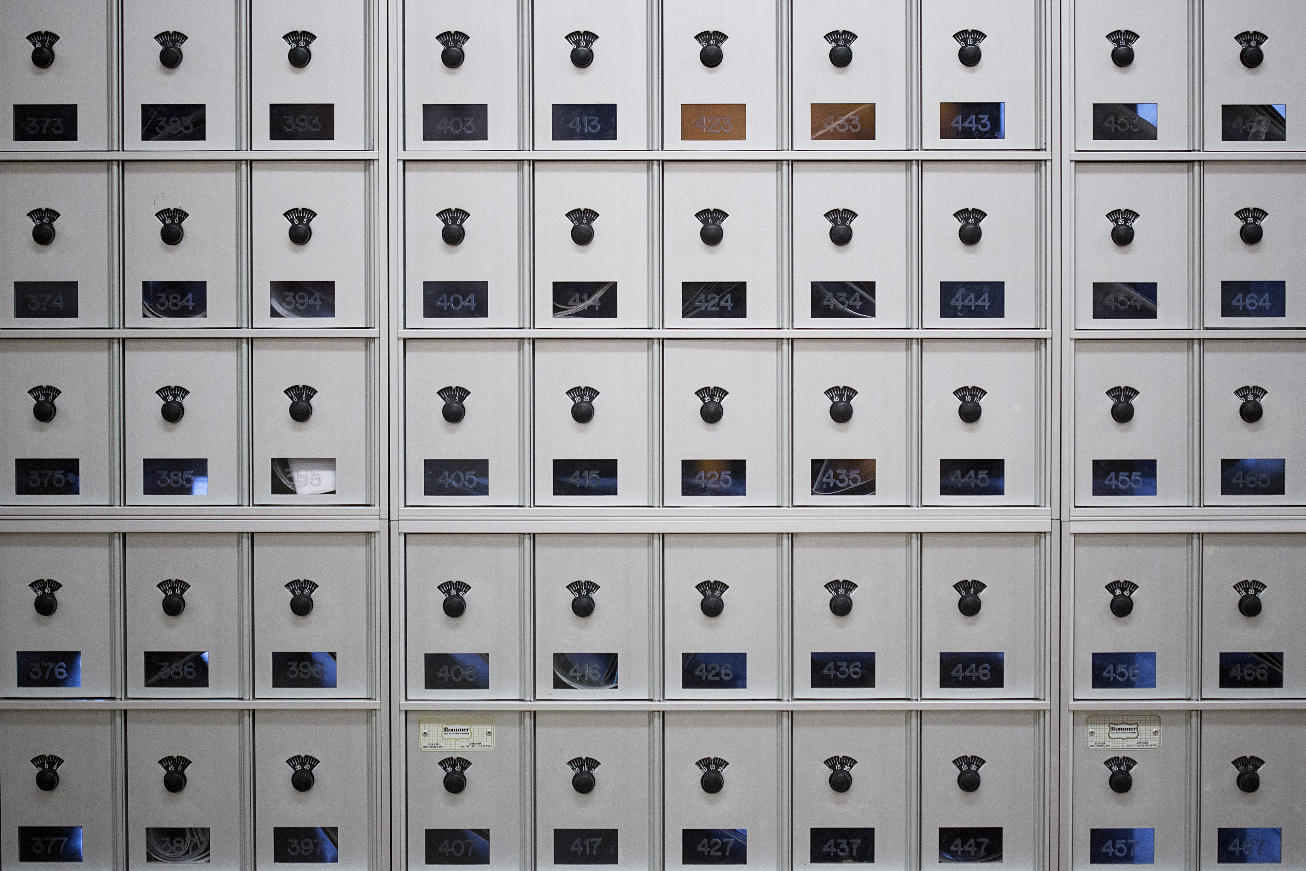 Mailboxes at Bates College in Lewiston, Maine.