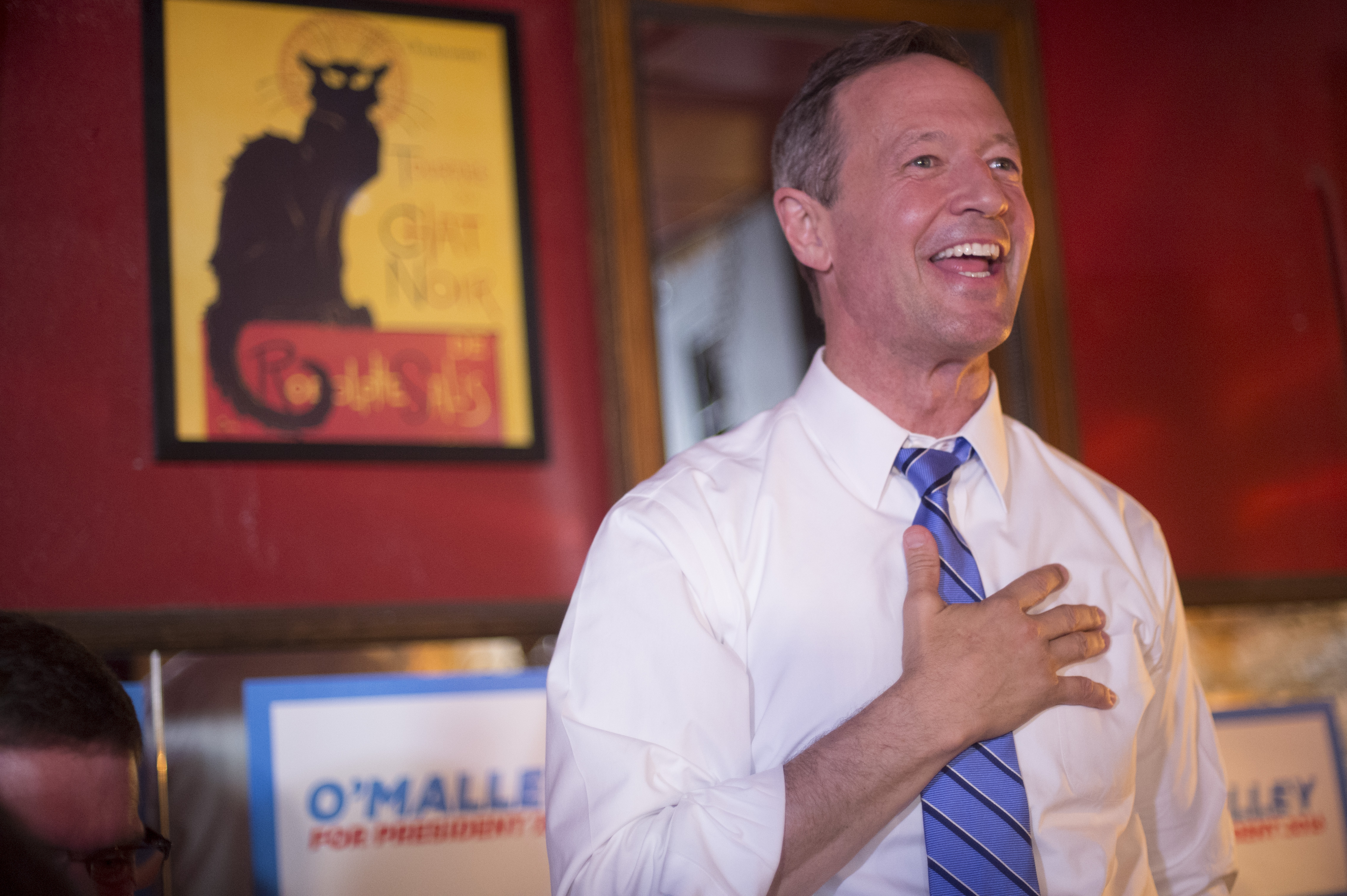 Martin O’Malley spoke to a crowded room of supporters at an Iowa pub.