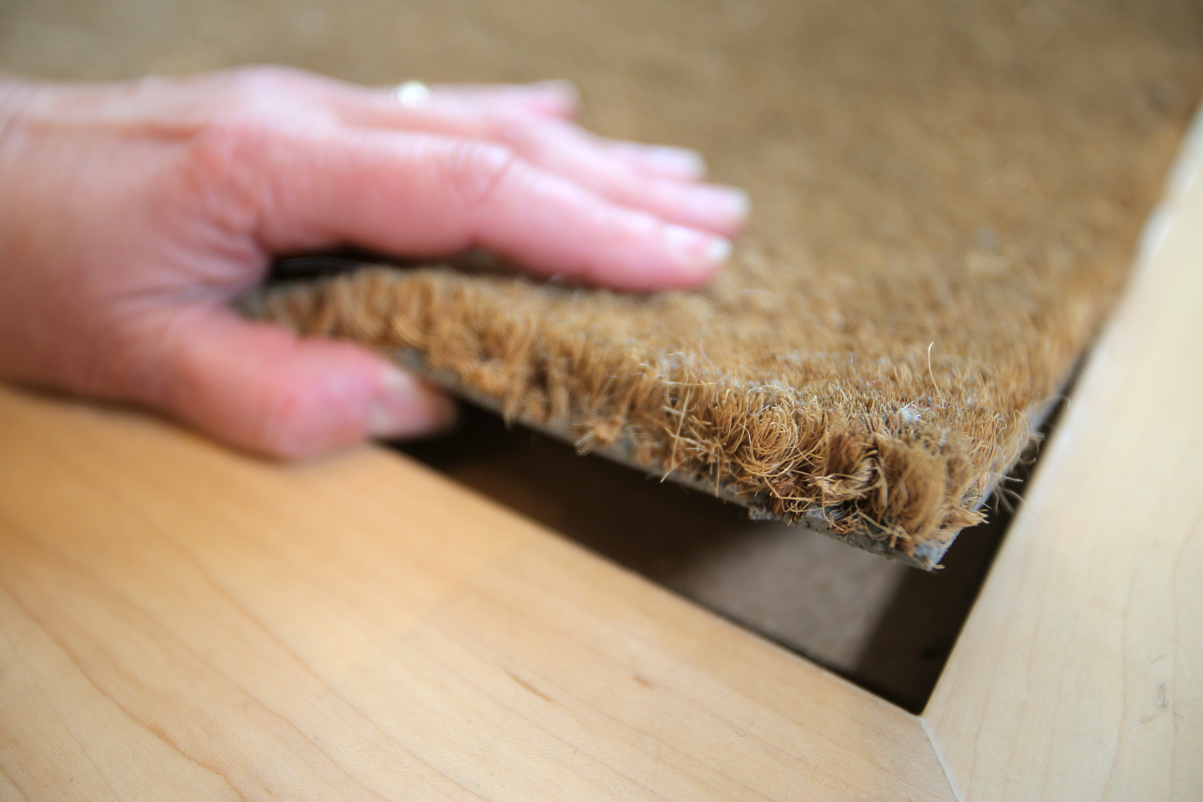 A floor mat is recessed to reduce the chance of an elderly person tripping on it. Grab bars, step-in showers, and entrance ramps are other recommendations.